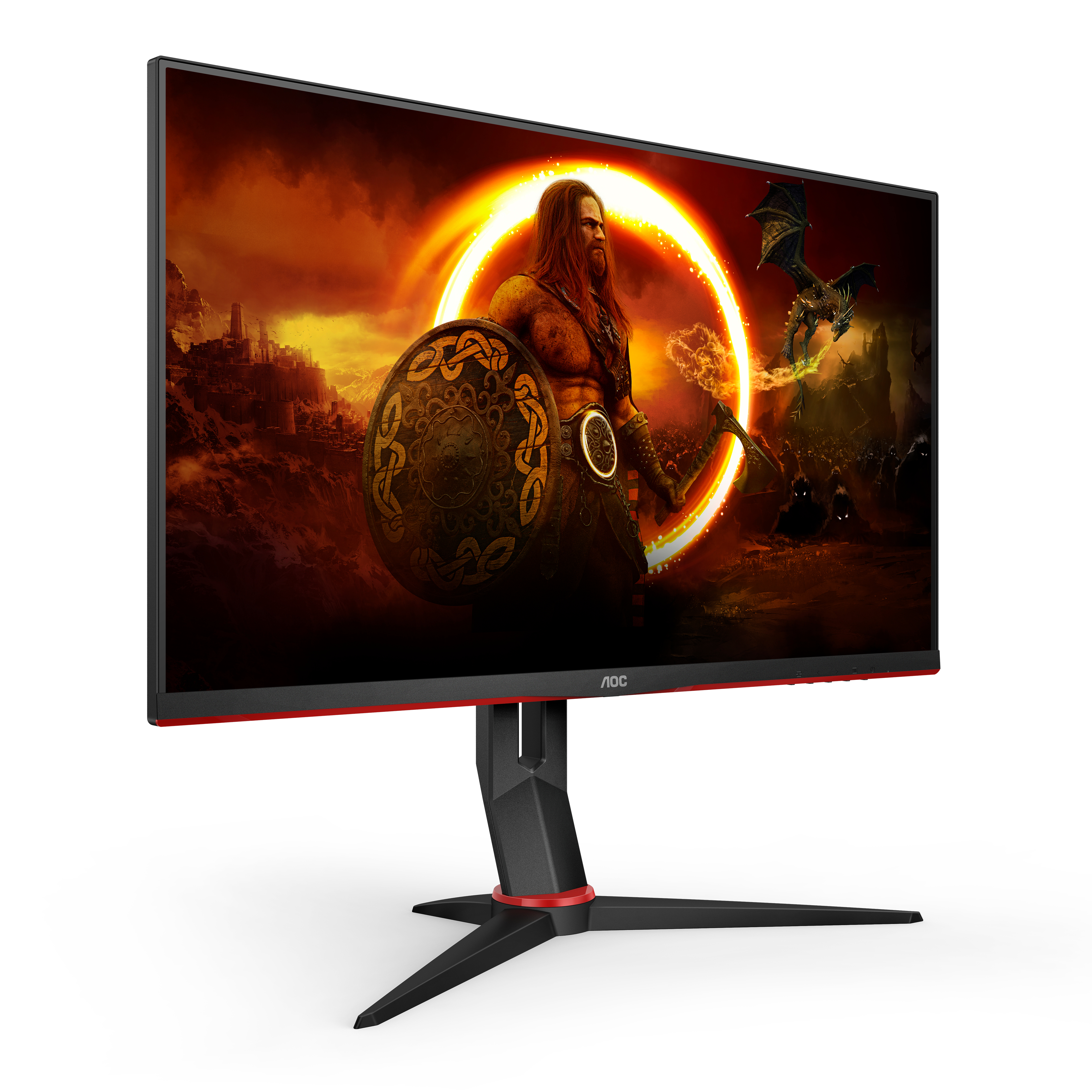 Monitor da gaming che mostra un guerriero con uno scudo. Design rosso e nero. Sfondo bianco.