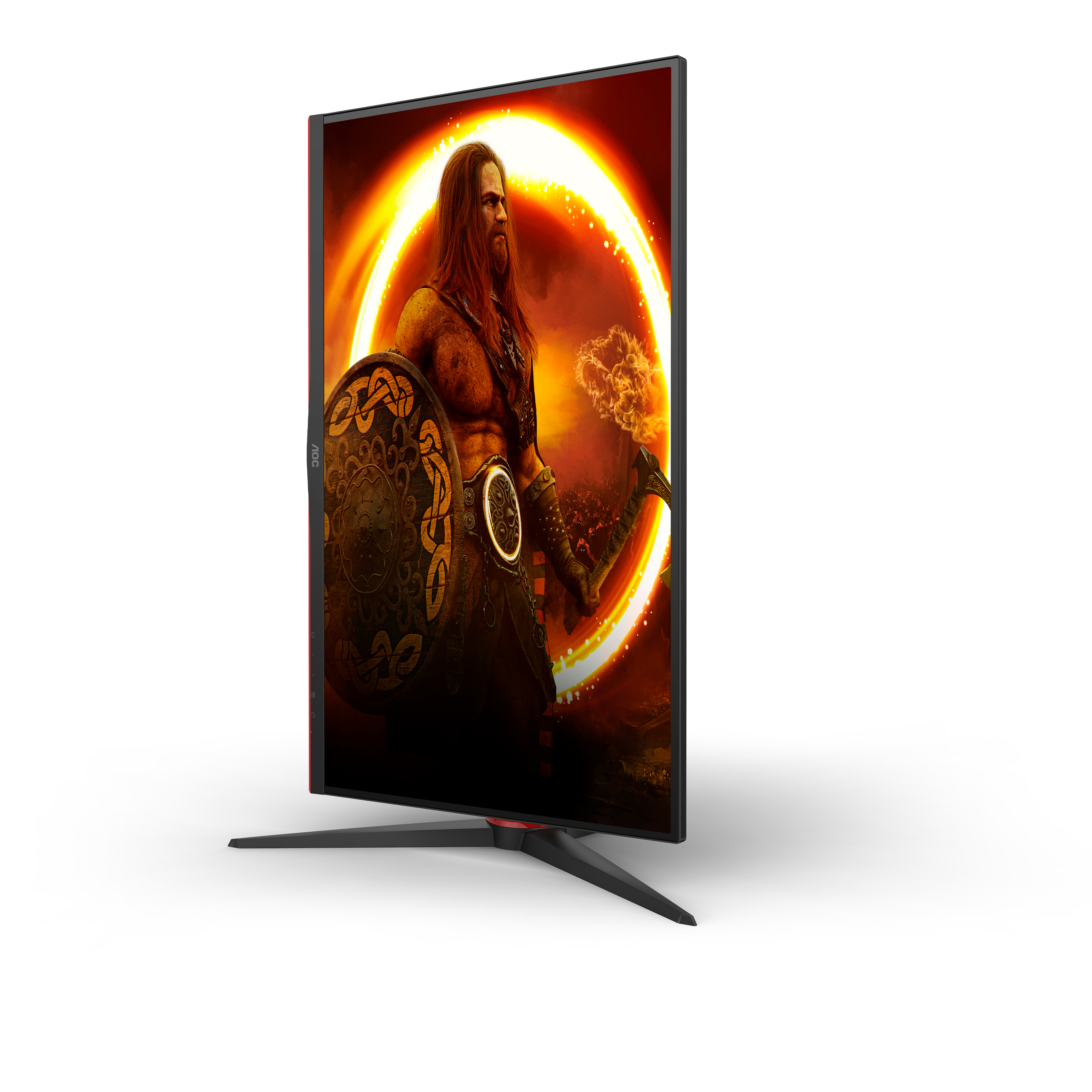 Un monitor da gioco mostra un guerriero con uno scudo di fronte a un anello arancione.