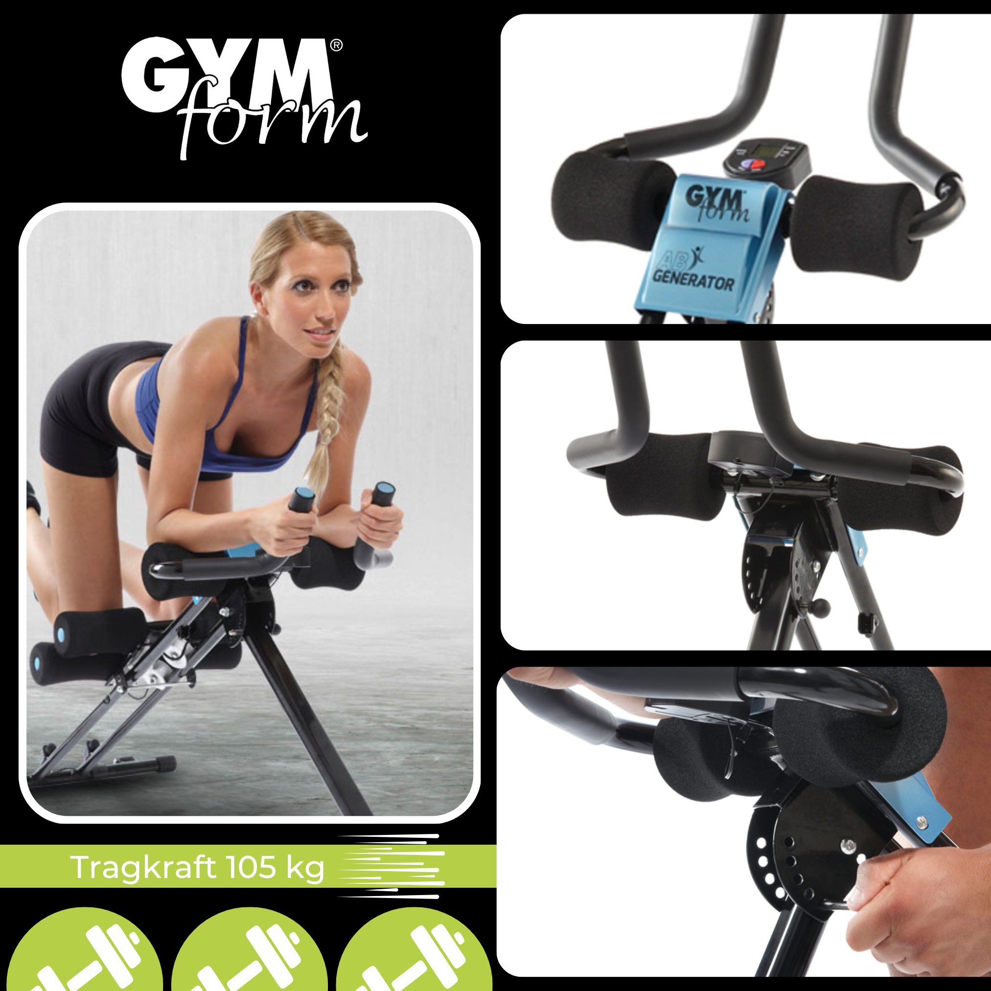Eine Frau benutzt ein Gymform-Trainingsgerät, mit Nahaufnahmen des Geräts.