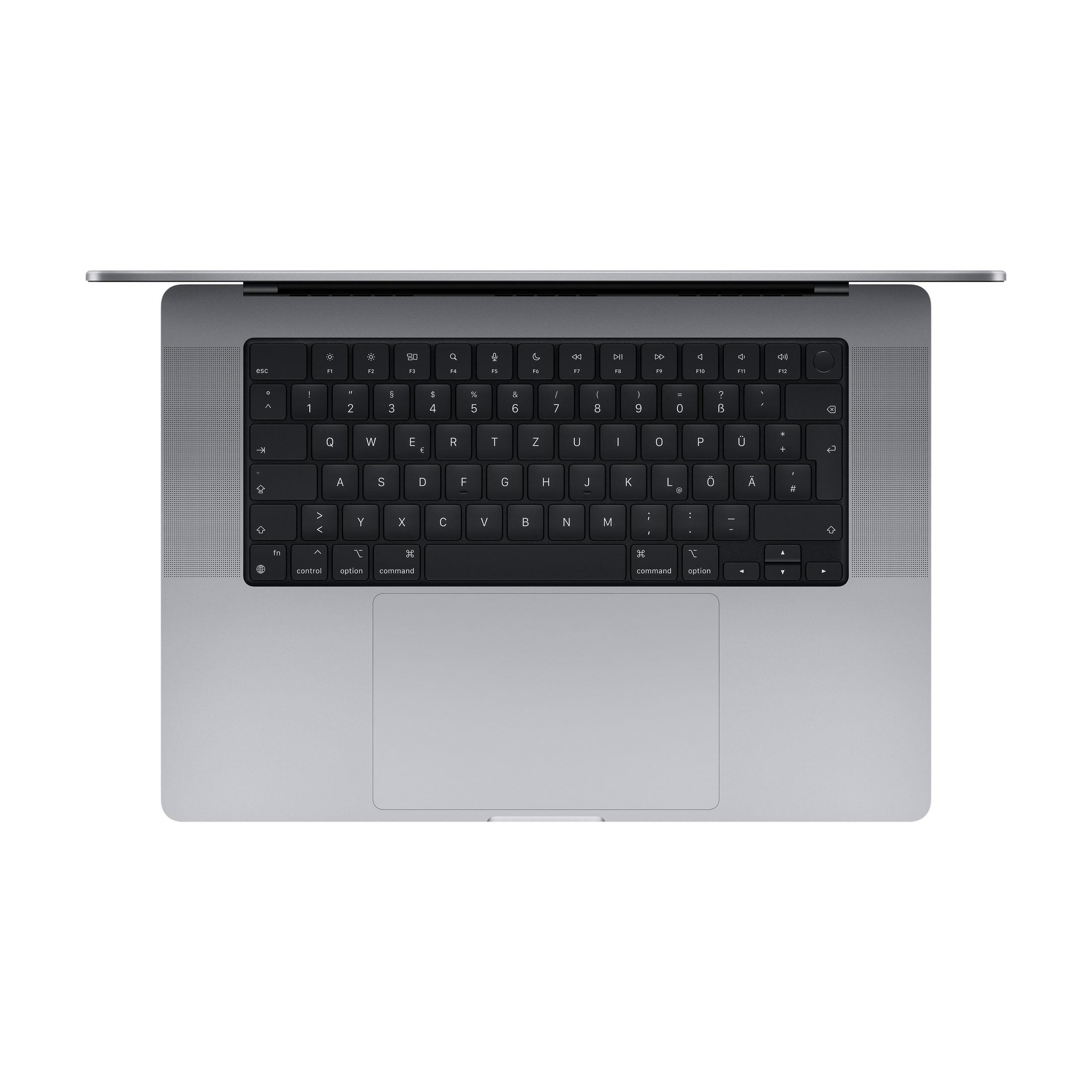 Eine Laptop-Tastatur, Draufsicht. Schwarze Tasten mit weißen Buchstaben und ein silberner Rahmen mit einem Trackpad.