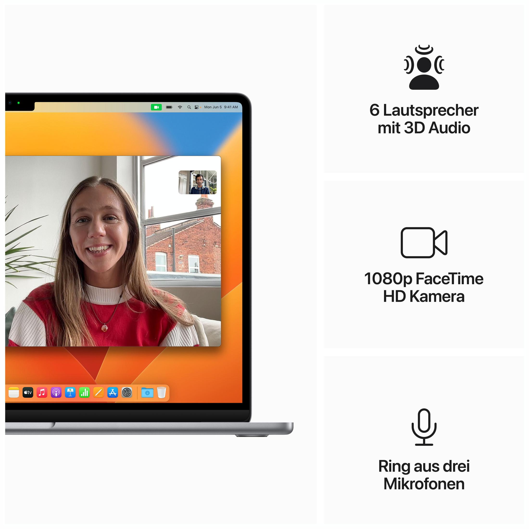 Laptop-Bildschirm mit Videoanruf und Funktionsbeschreibungen: Lautsprecher, Kamera und Mikrofon.