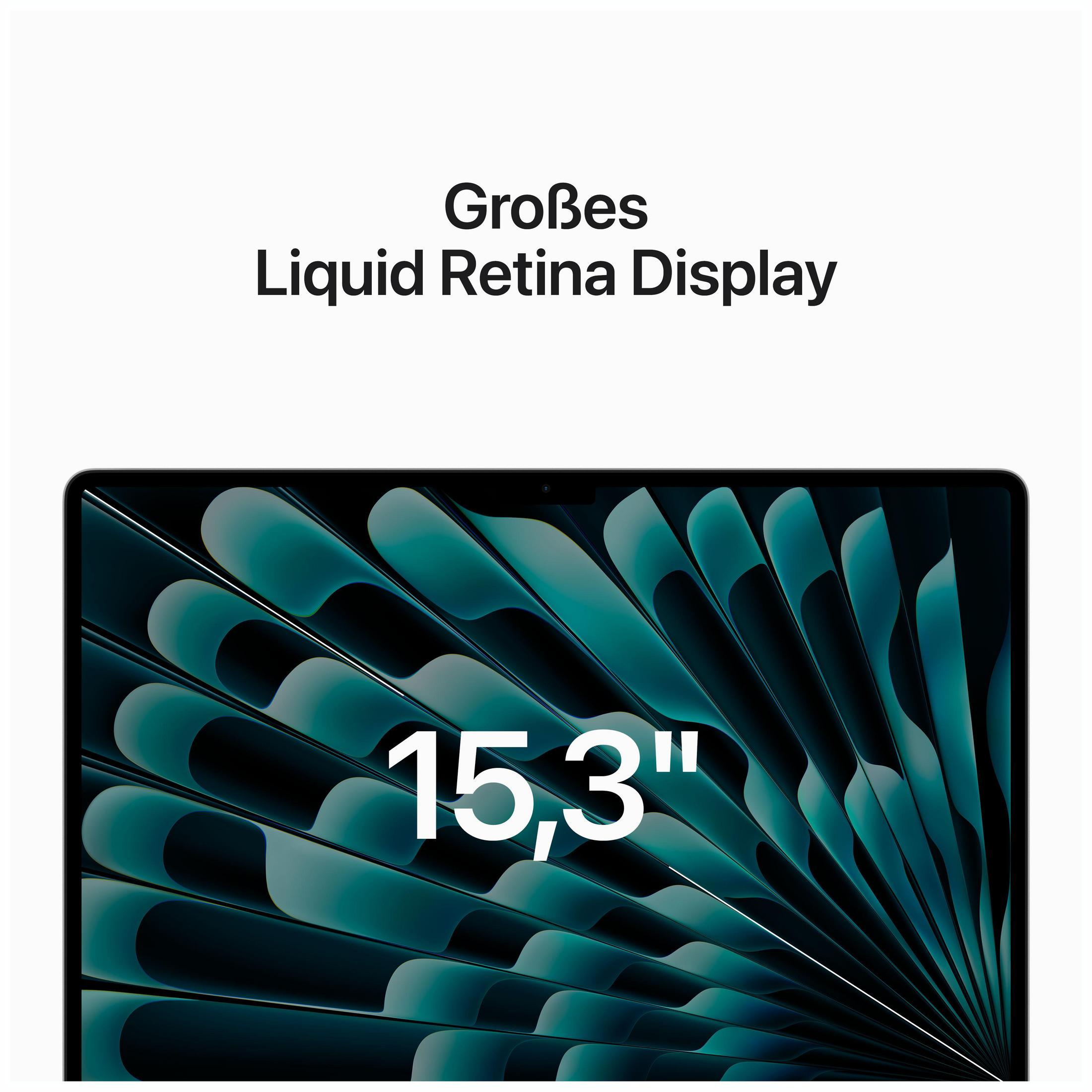 Lo schermo di un laptop mostra un motivo astratto verde acqua con il numero 15,3" in bianco.