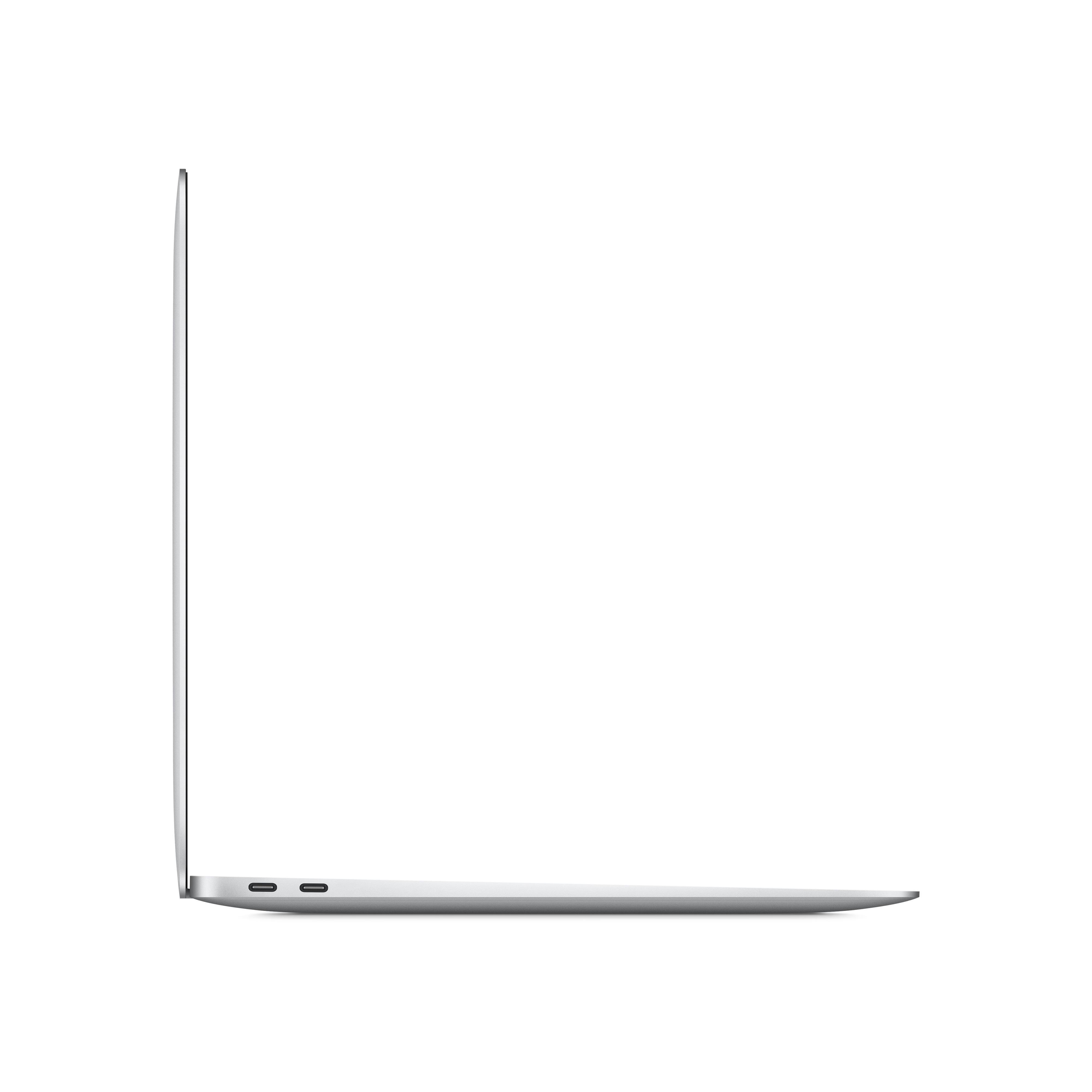 Profilo laterale di un laptop argentato. Il laptop è sottile e chiuso. Lo sfondo è bianco.