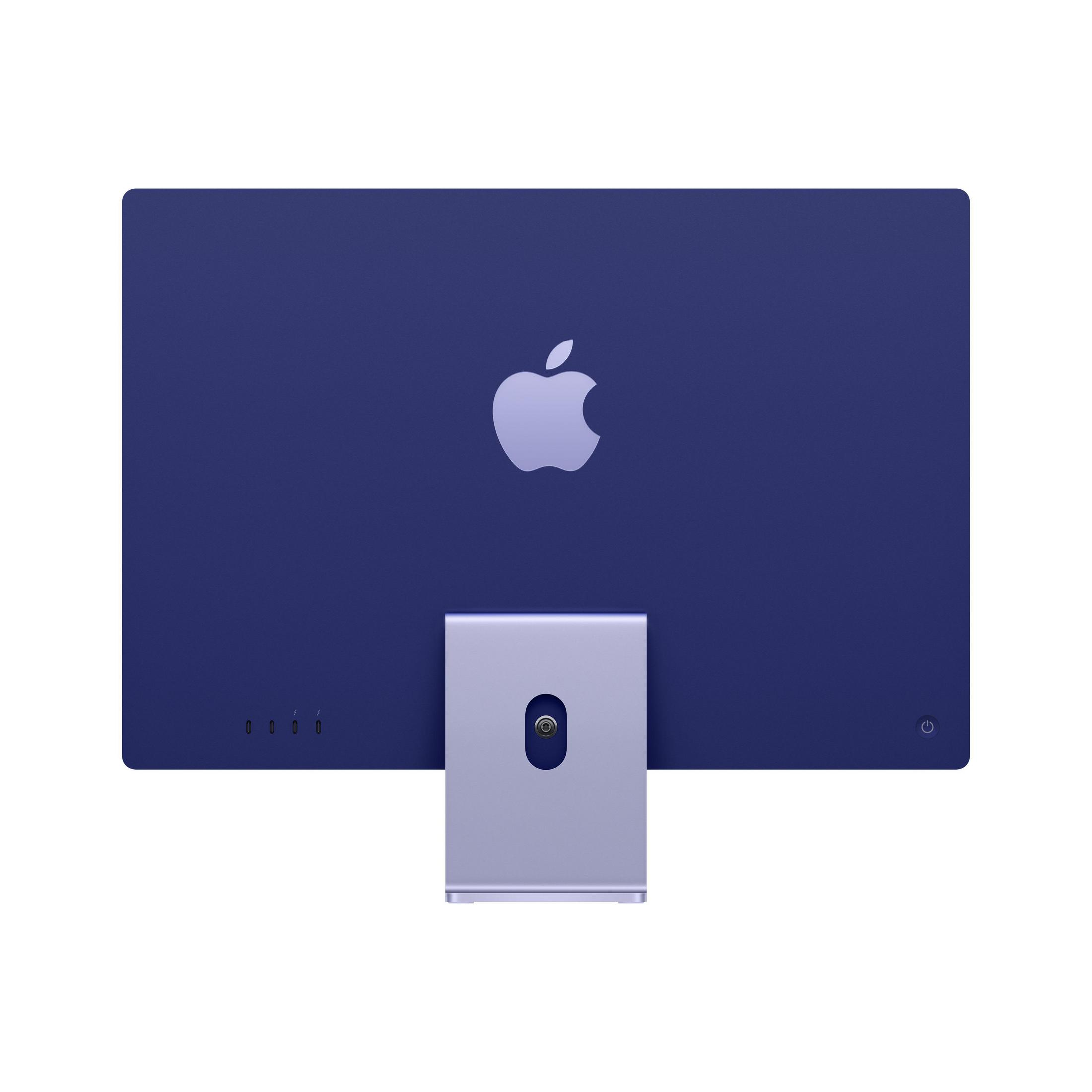 Rückansicht eines dunkelblauen iMac-Computers mit Apple-Logo und Ständer.