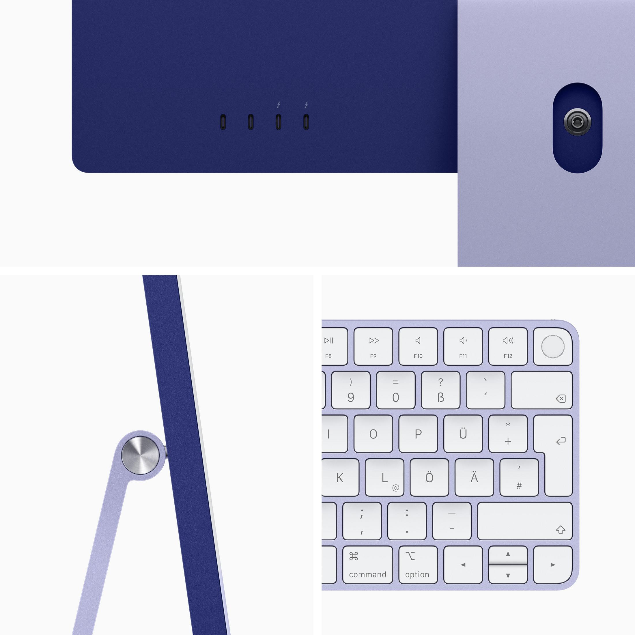 Verschiedene Winkel eines iMac. Display, Anschlüsse und Tastatur. Farbe ist Lila. Nahansicht.