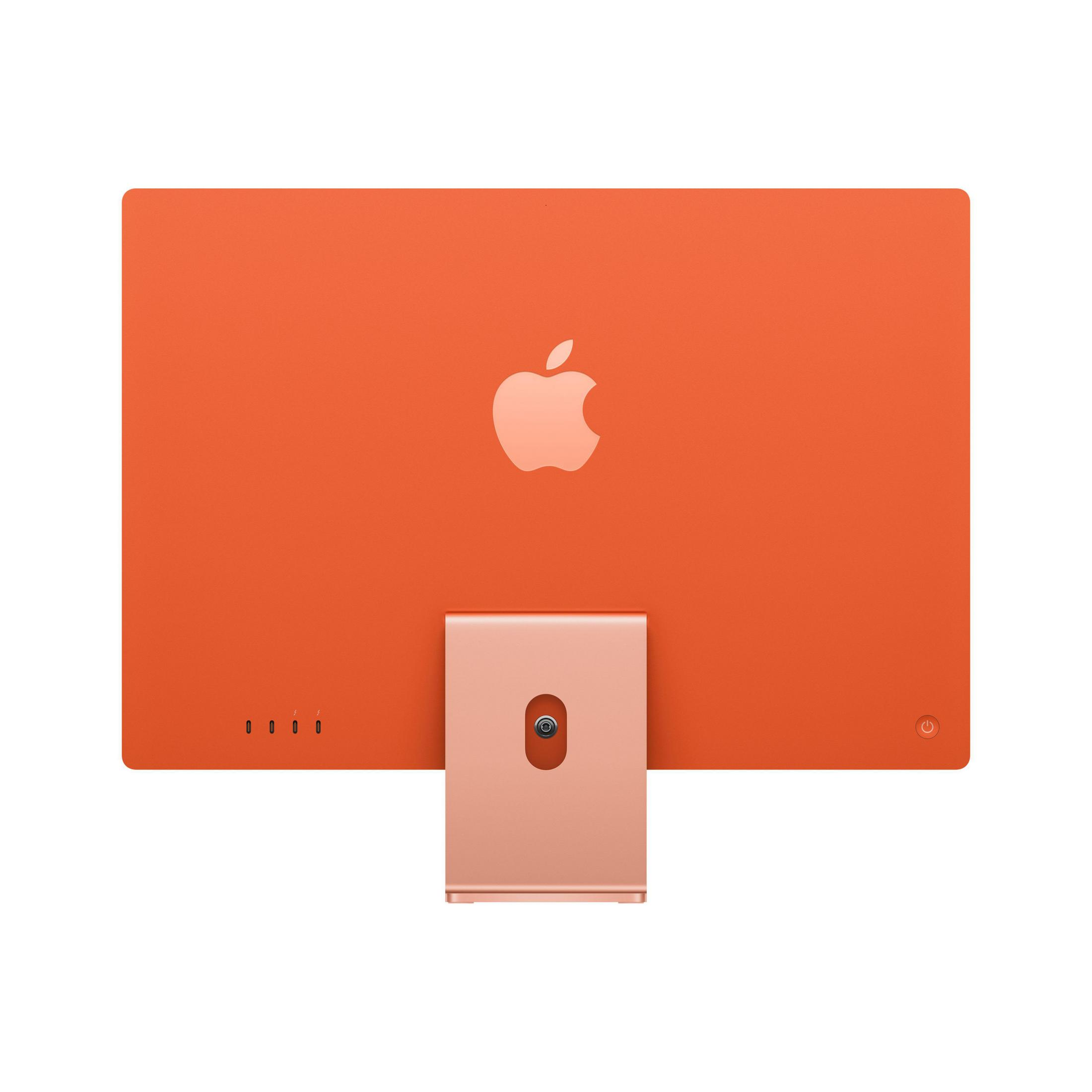 Orangenes iMac-Rückteil mit Apple-Logo und Anschlüssen. Ein silberner Ständer und Power-Knopf.