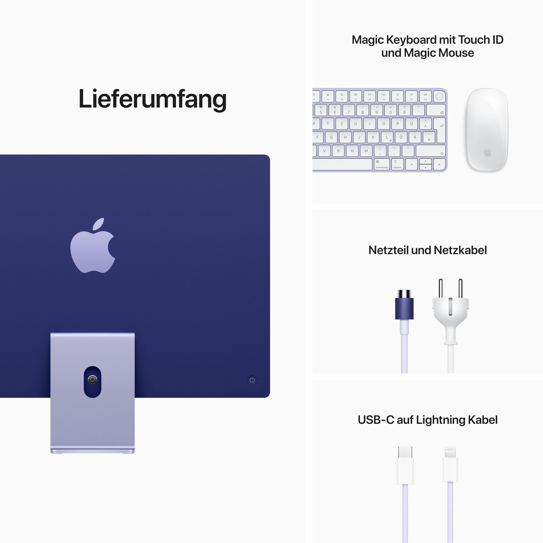 Apple iMac-Setup mit Tastatur, Maus, Kabeln und anderem Zubehör.