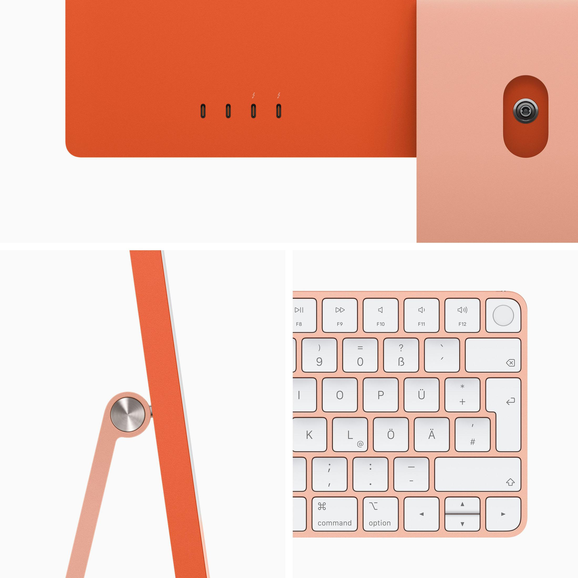 Wiele zdjęć pomarańczowej i różowej konfiguracji komputera. Zawiera klawiaturę i porty.