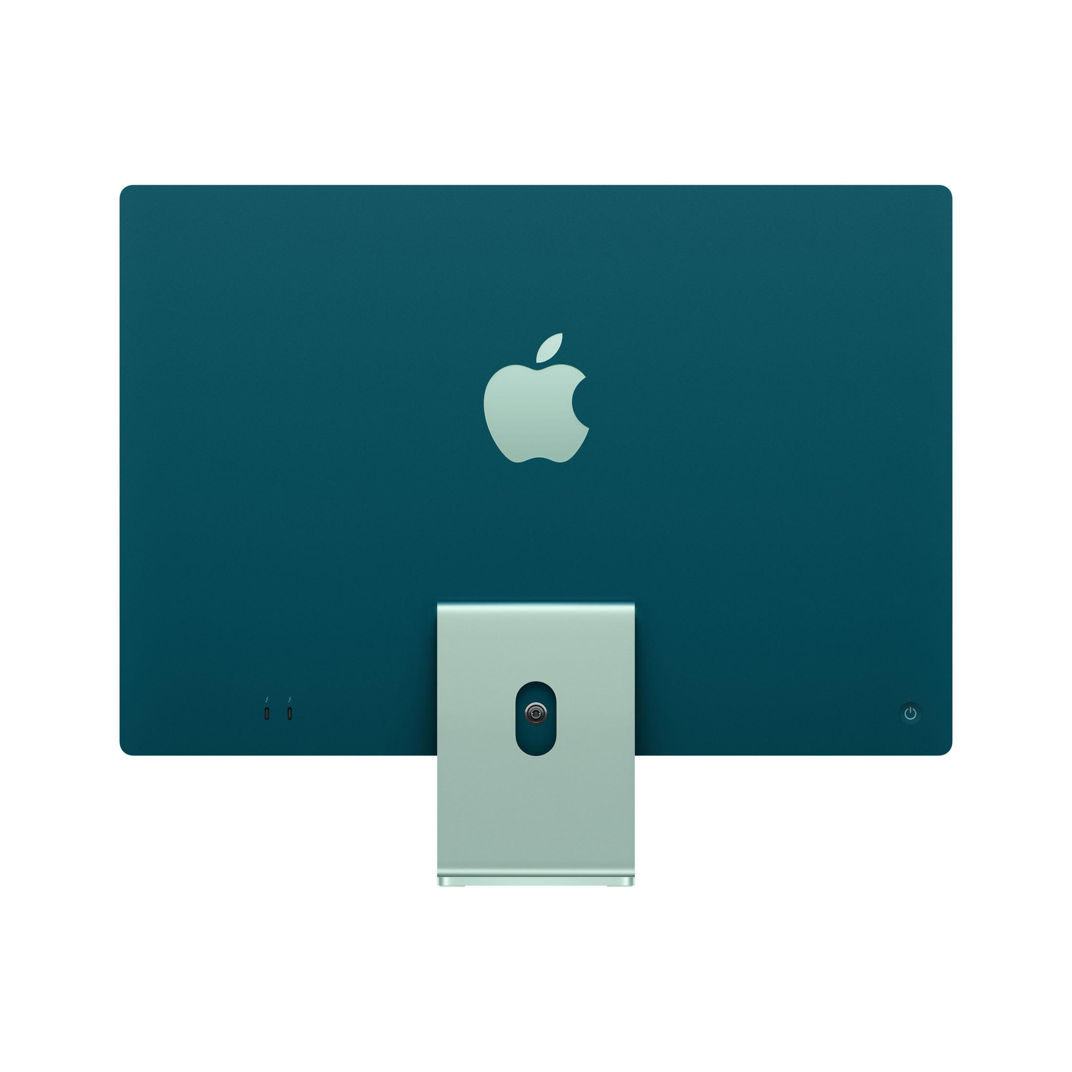 Tył komputera iMac. Jest turkusowy ze srebrną podstawą i logo Apple.