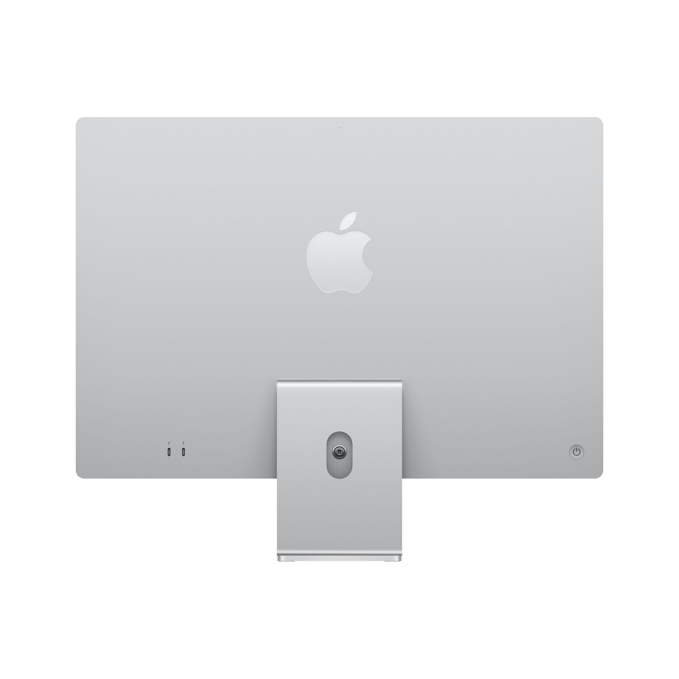Tył srebrnego monitora Apple z logo Apple i stojakiem.