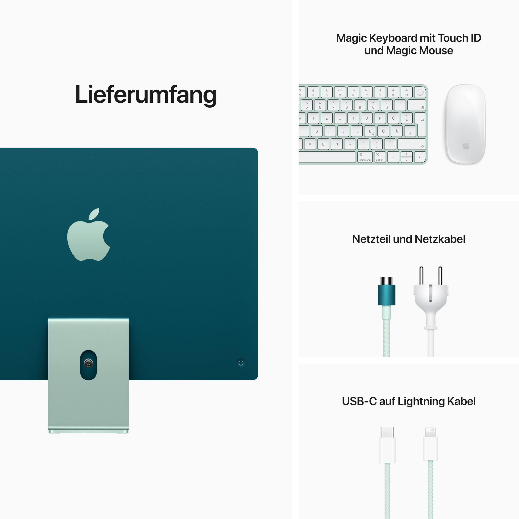 Ein Apple-Setup mit einem türkisfarbenen iMac, Tastatur, Maus und Kabeln, mit Text auf Deutsch.