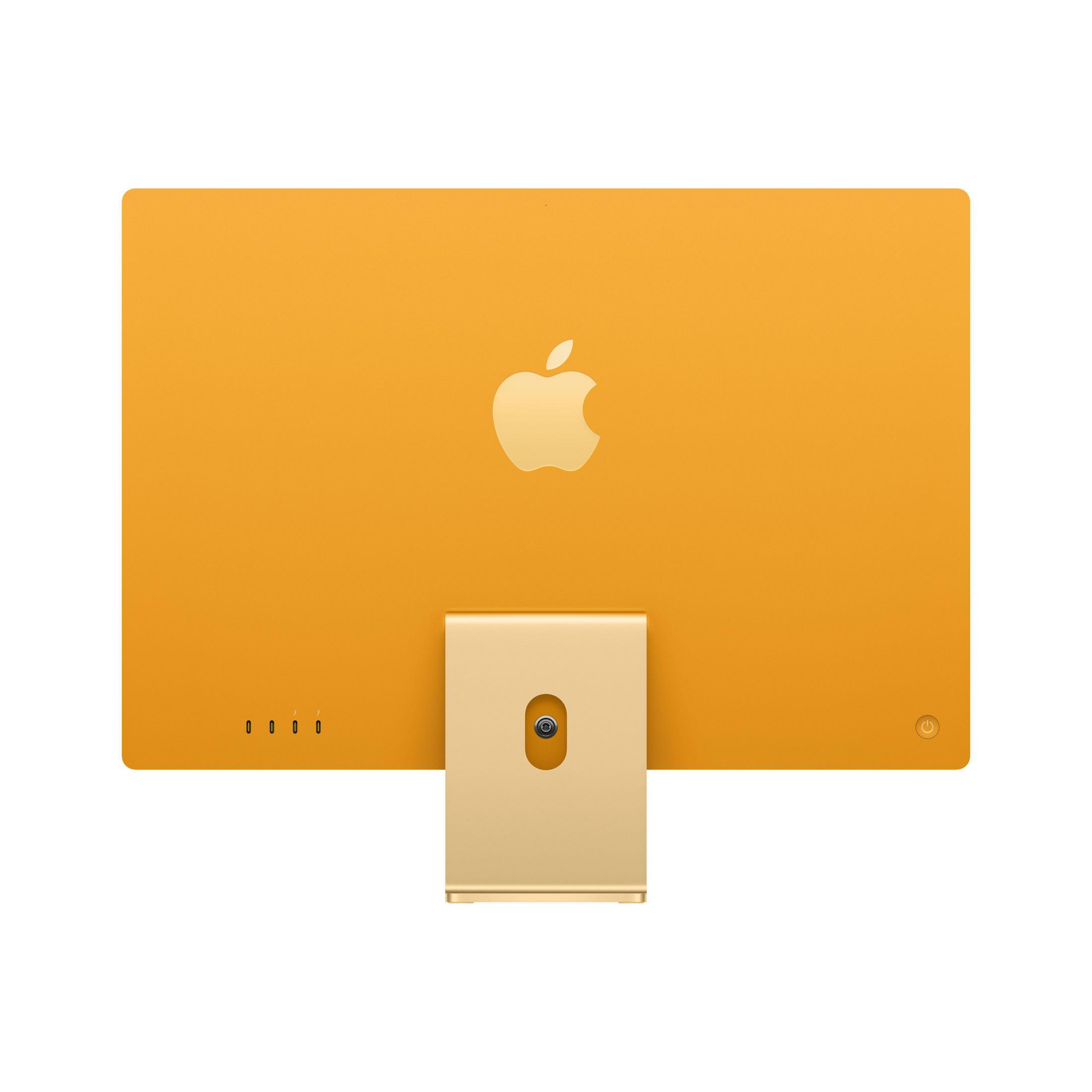 Parte trasera de una computadora iMac naranja. Logotipo de Apple visible. Soporte y puertos dorados. Diseño minimalista.