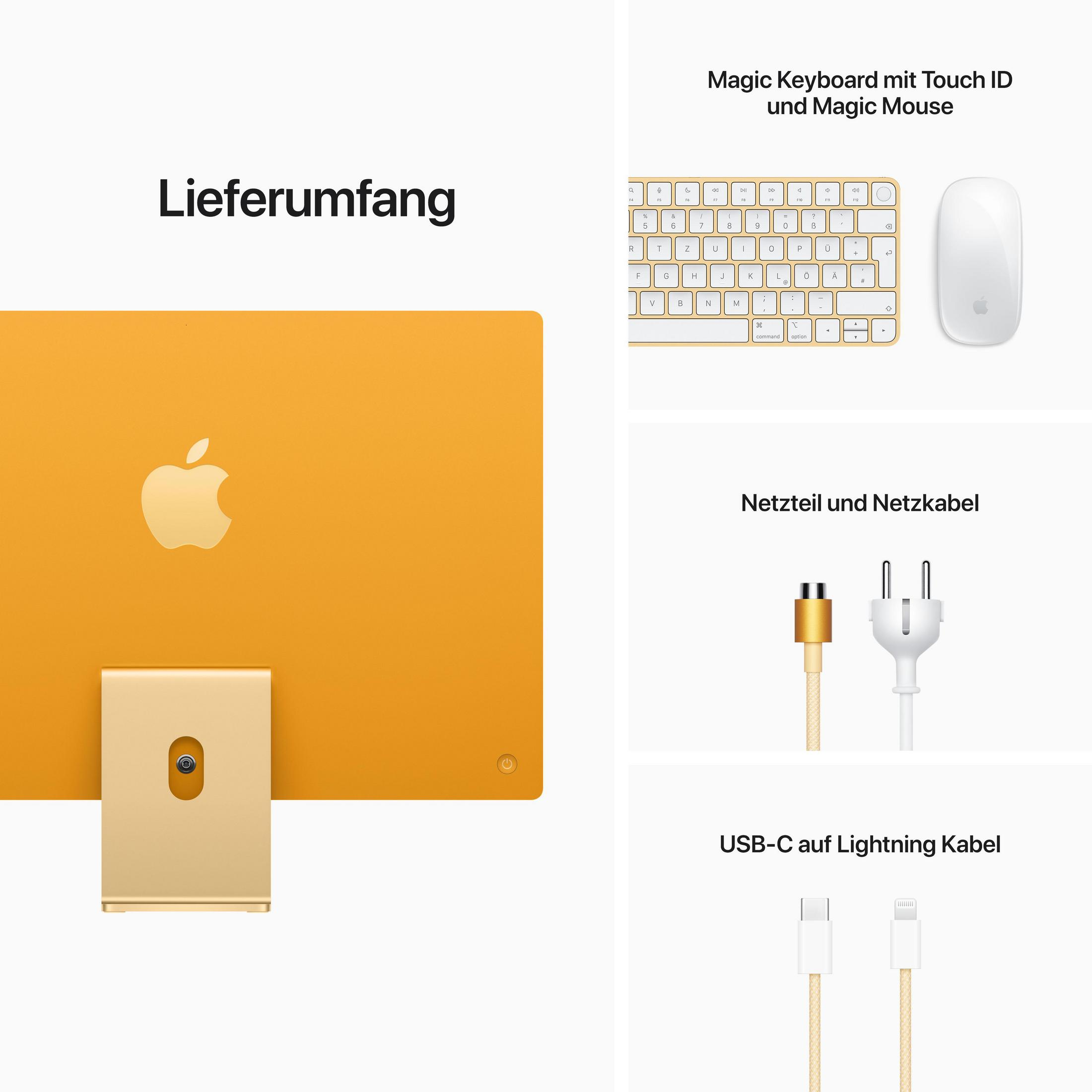 Una pantalla iMac naranja con accesorios como teclado, ratón y cables de carga.