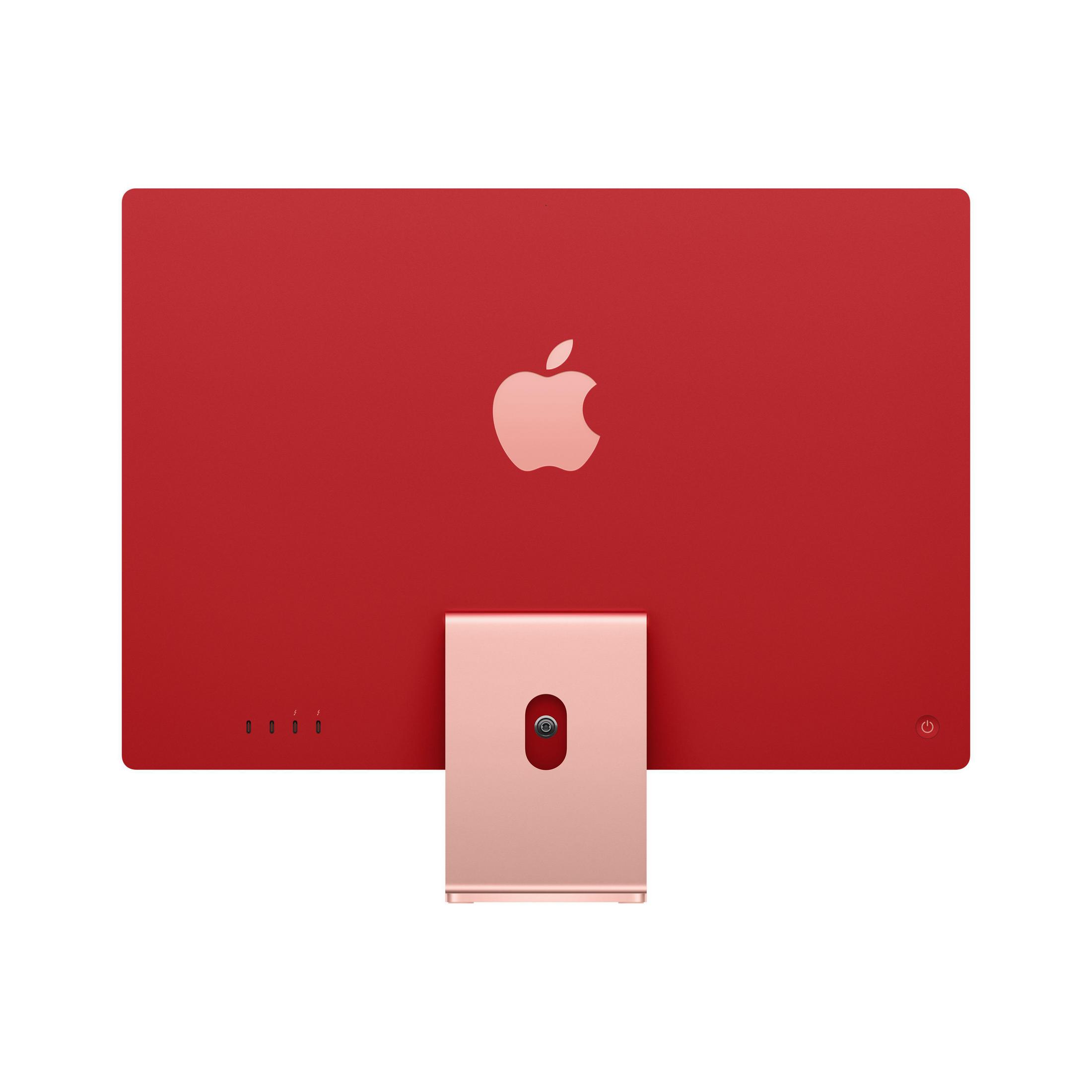 Vista posteriore di un monitor Apple rosso con il logo Apple e un supporto, su sfondo bianco.