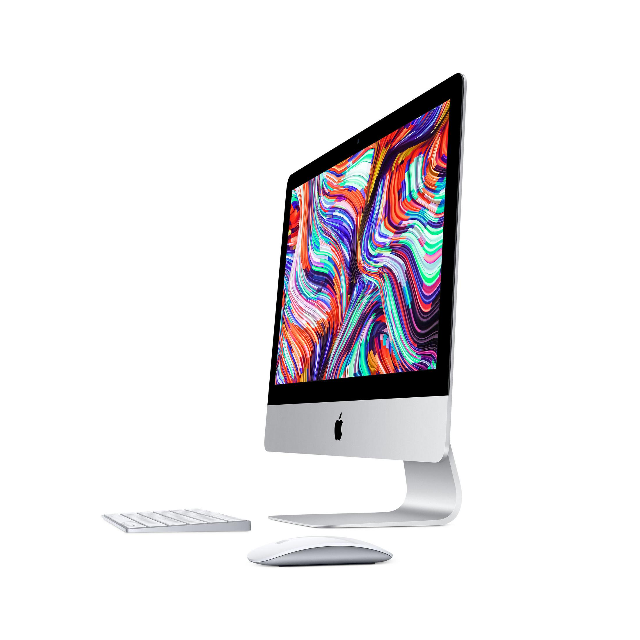 Ein iMac-Desktop, eine Tastatur und eine Maus auf weißer Oberfläche. Der Bildschirm zeigt ein farbenfrohes, abstraktes Design.