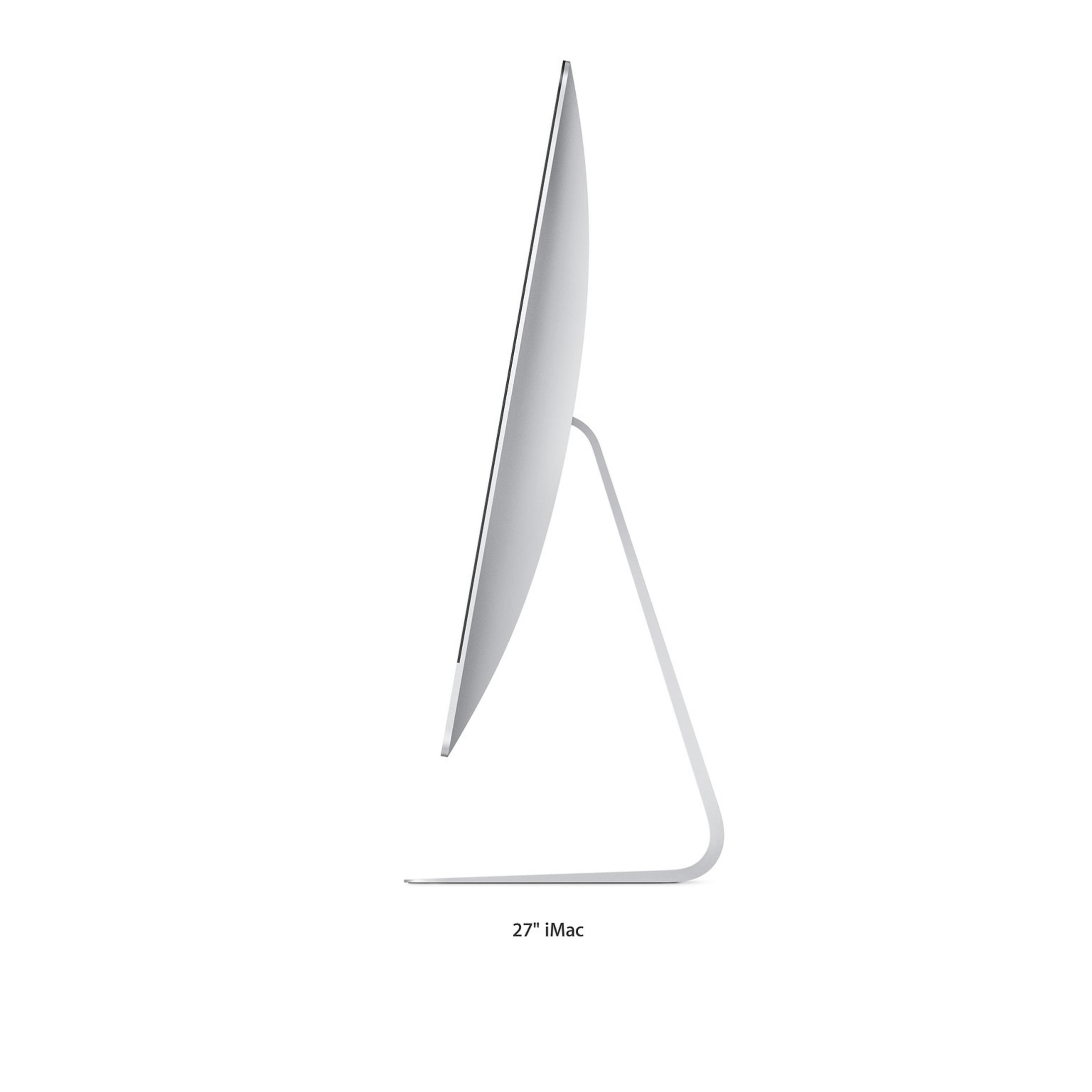 Seitenansicht eines silbernen iMac. Der Bildschirm ist dünn, mit einem silbernen Ständer. Weißer Hintergrund.