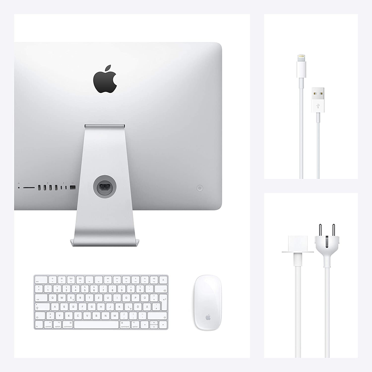 Apple iMac mit Tastatur, Maus und Kabeln. Weißer Hintergrund.