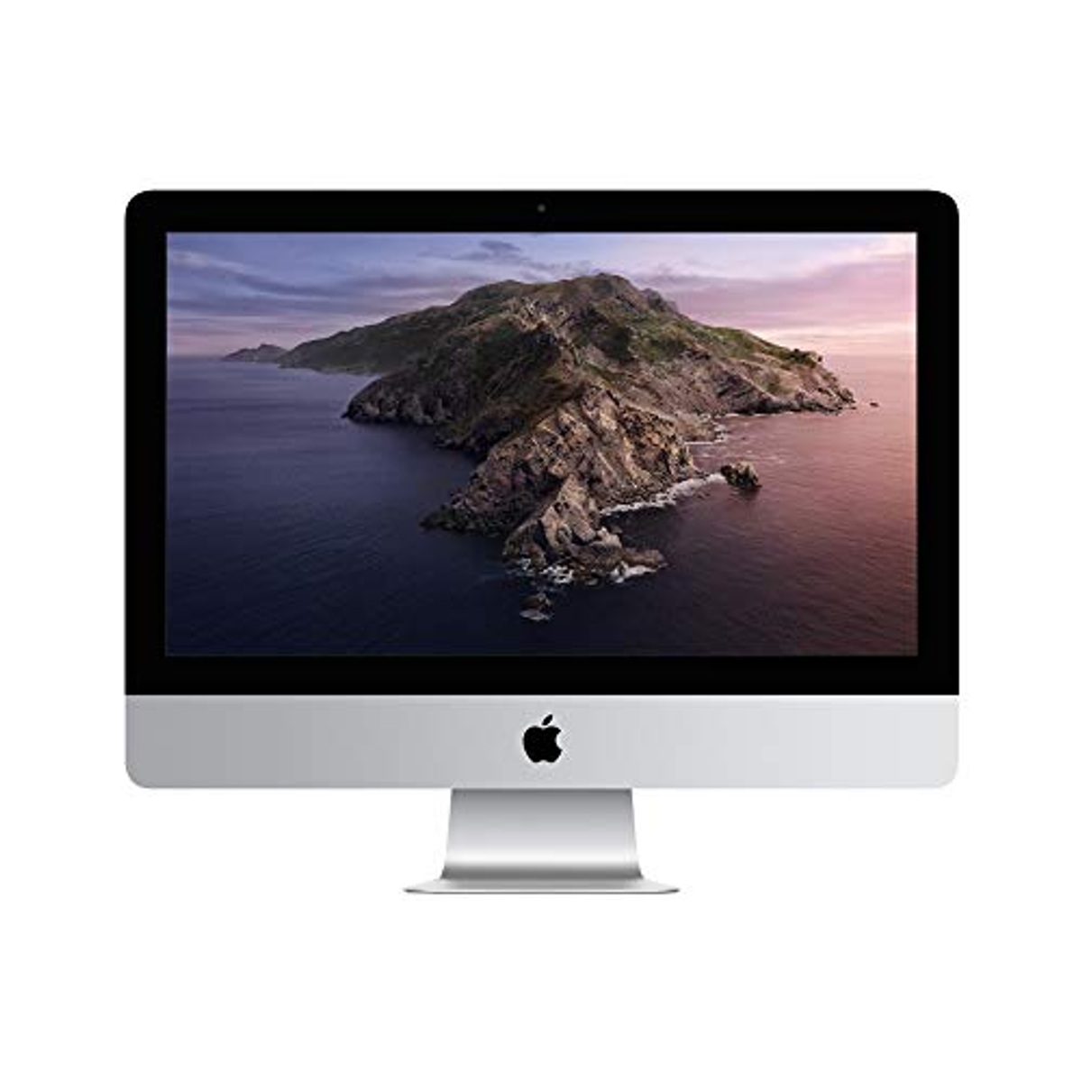 Silberner iMac Desktop-Computer mit großem Bildschirm, der eine malerische Landschaft anzeigt.