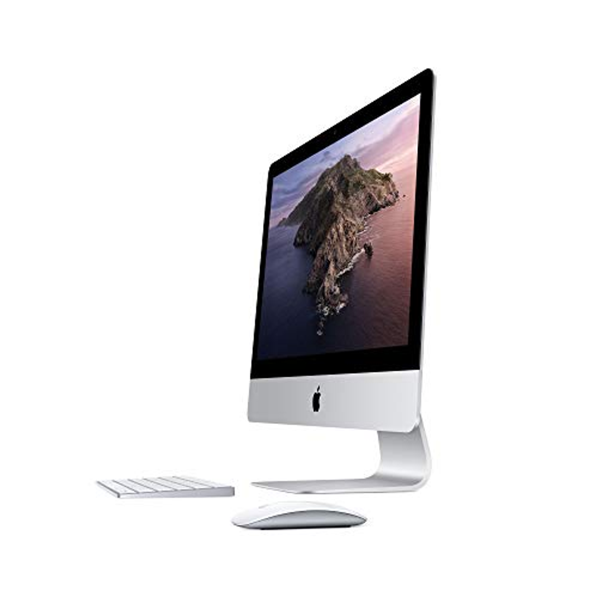 Silberner iMac-Computer mit weißer Tastatur und Maus auf weißem Hintergrund.
