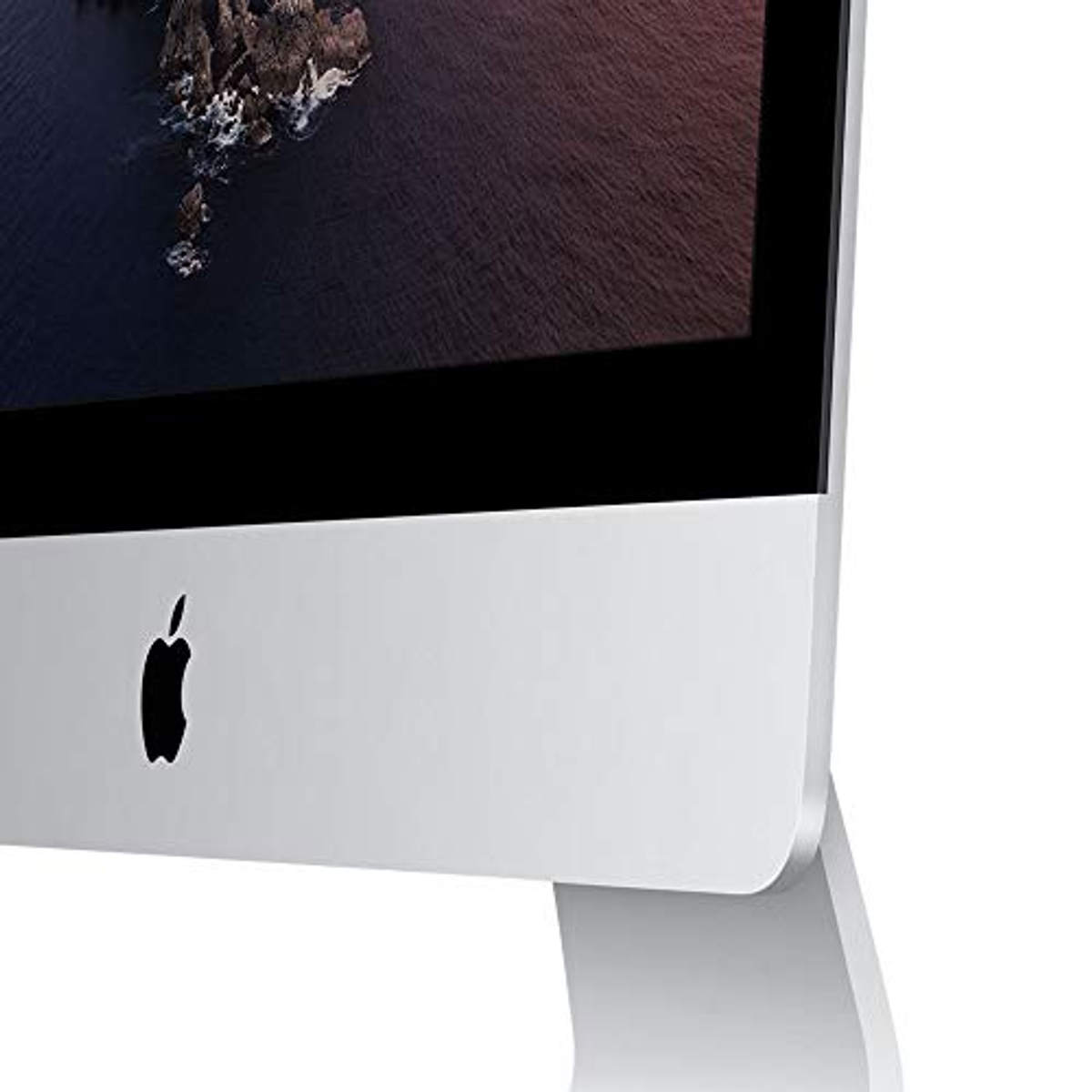 Ein iMac-Computer mit schwarzem Apple-Logo vor weißem Hintergrund. Der Bildschirm ist sichtbar.