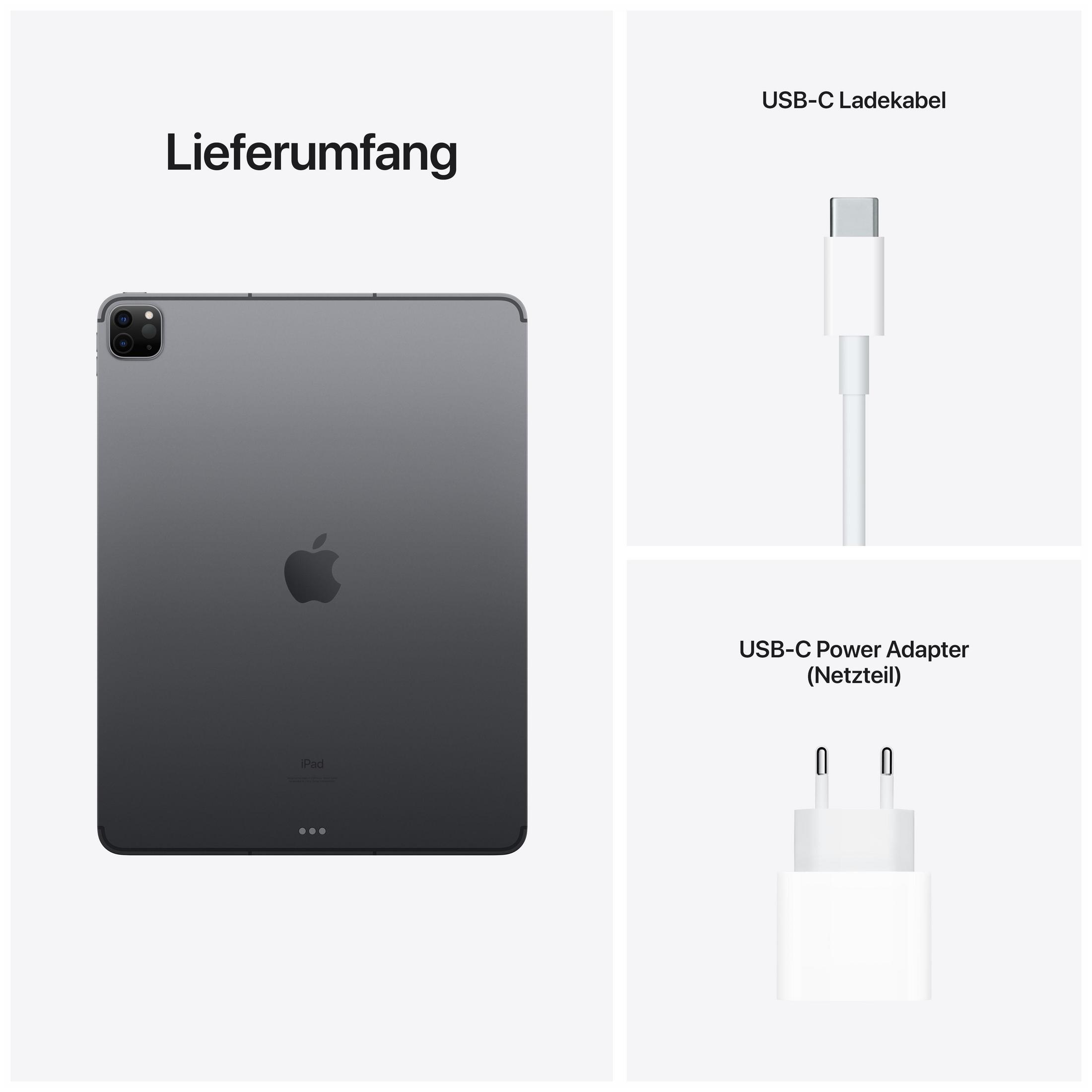 iPad Pro, kabel USB-C i zasilacz na białym tle.