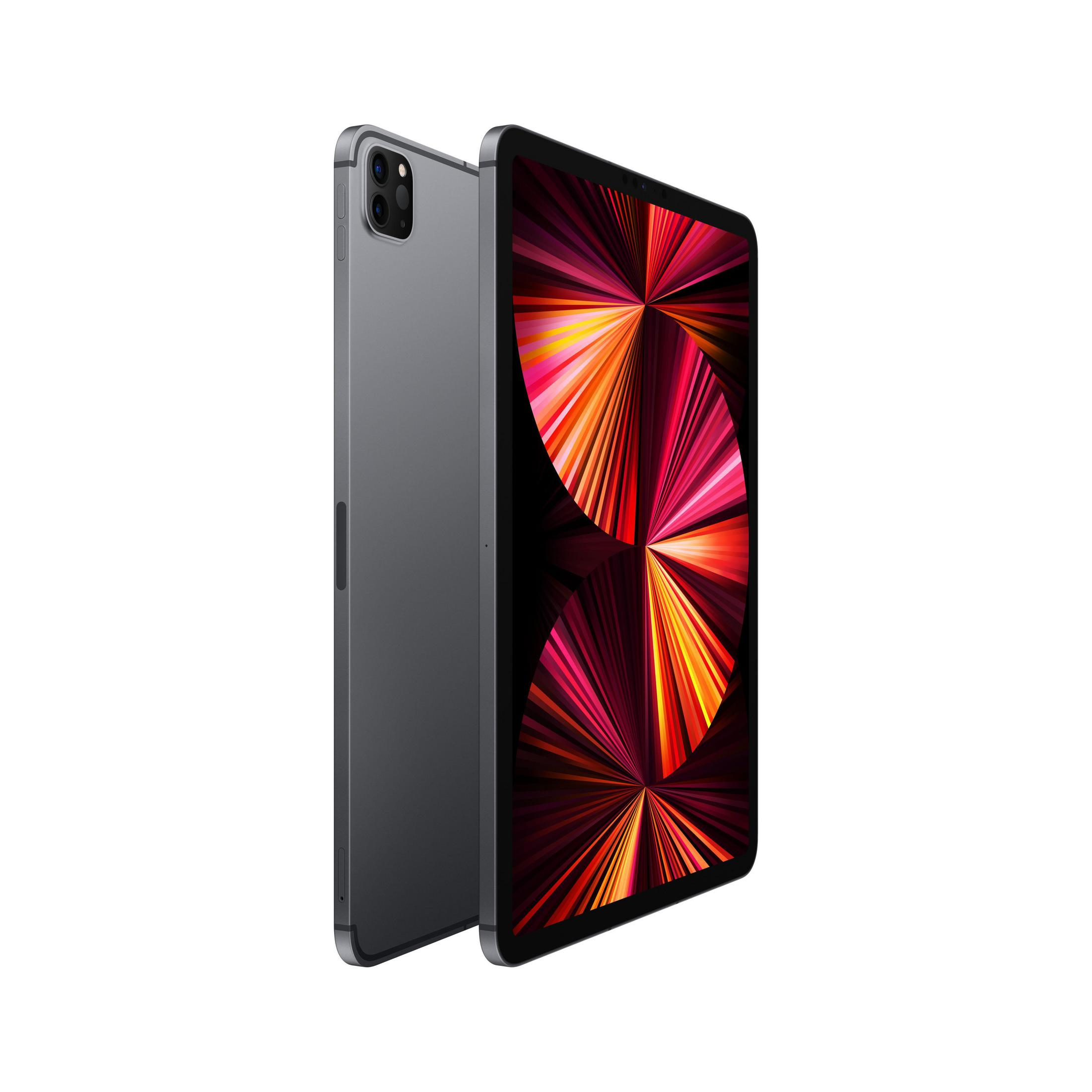 Une tablette grise avec un écran rouge et rose. Une autre tablette est derrière, montrant son dos.