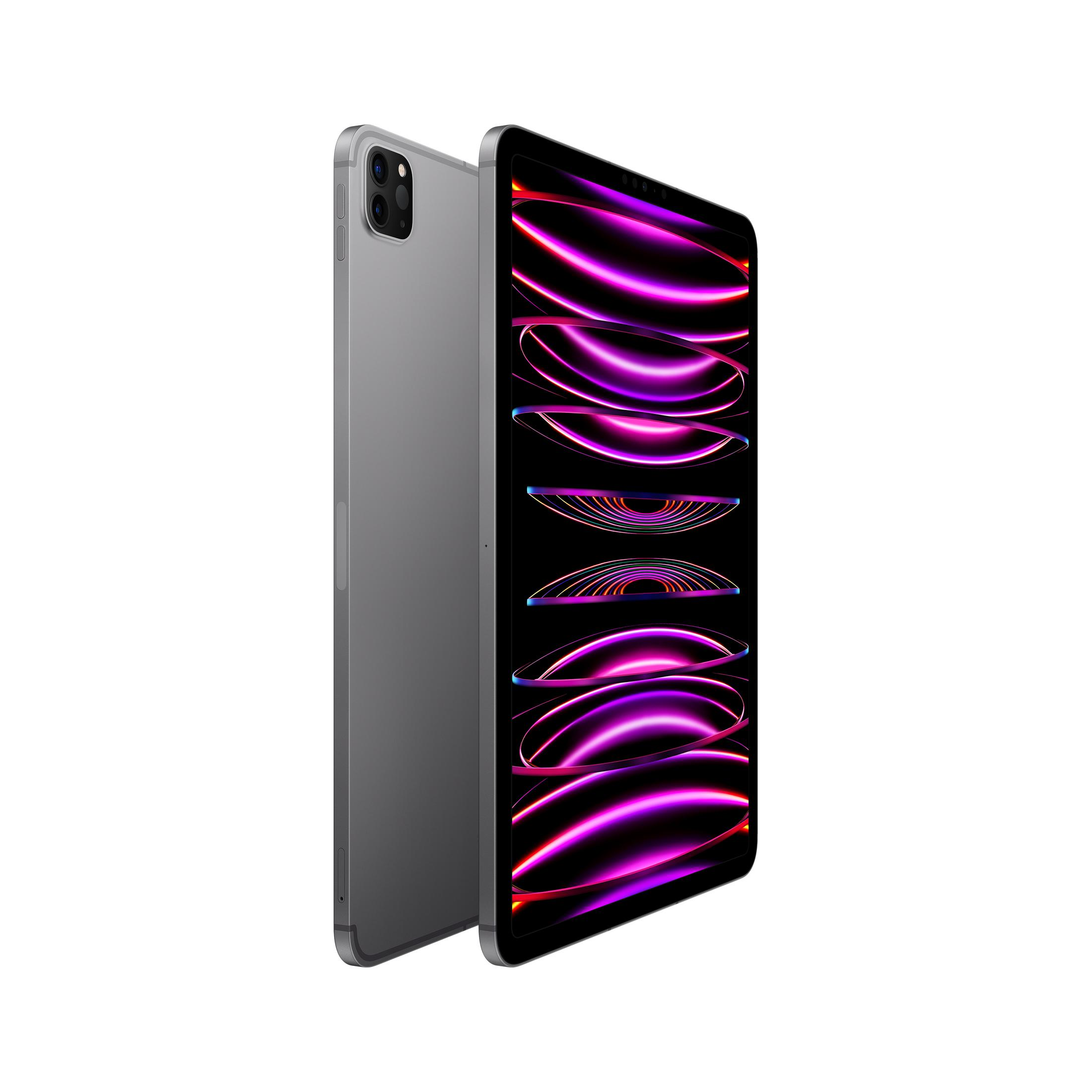 Ein graues Tablet steht aufrecht, mit einem zweiten Tablet dahinter. Der Bildschirm zeigt ein lila Design.