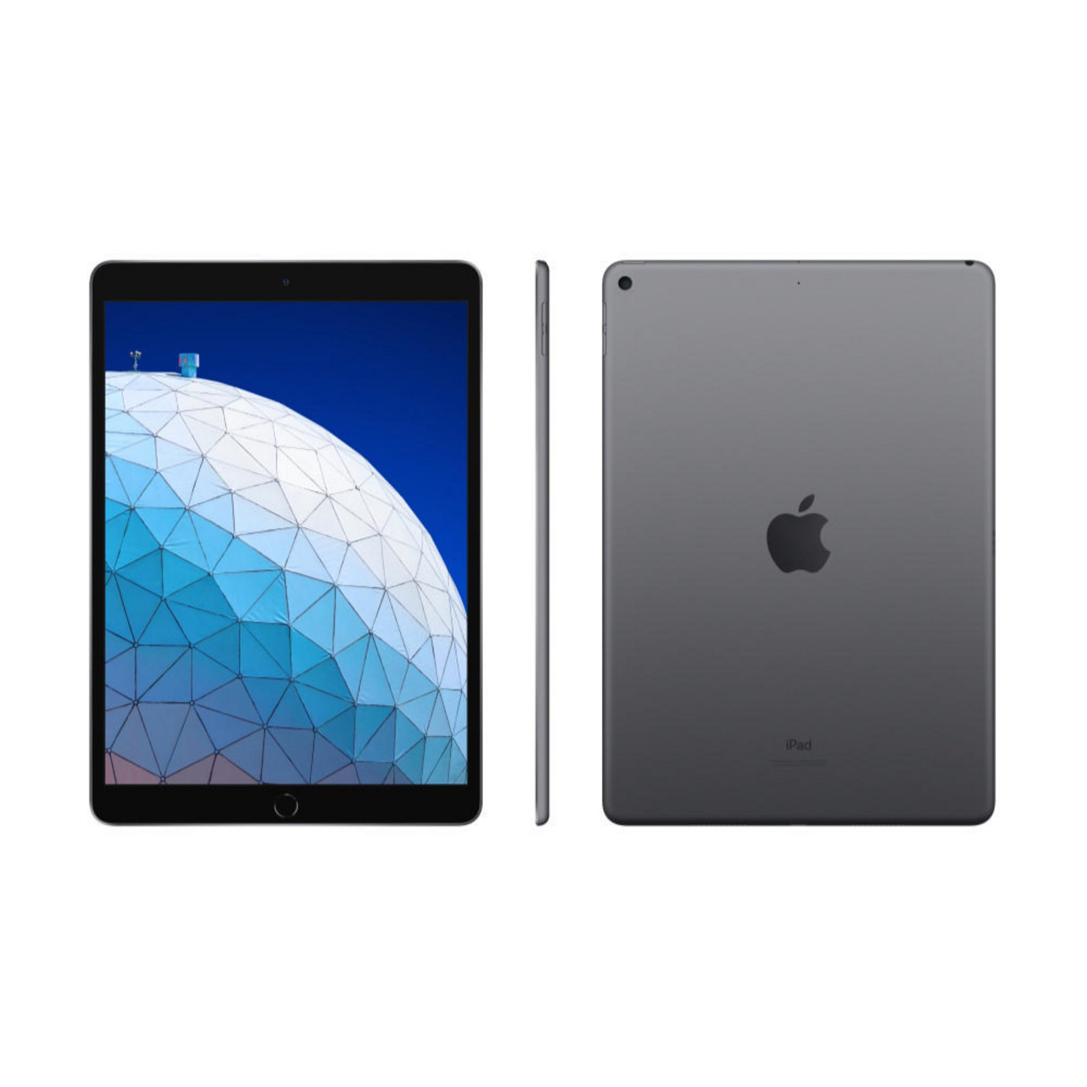 iPad Air in spacegrijs, voor-, zij- en achteraanzicht, witte achtergrond. Apple logo achter.