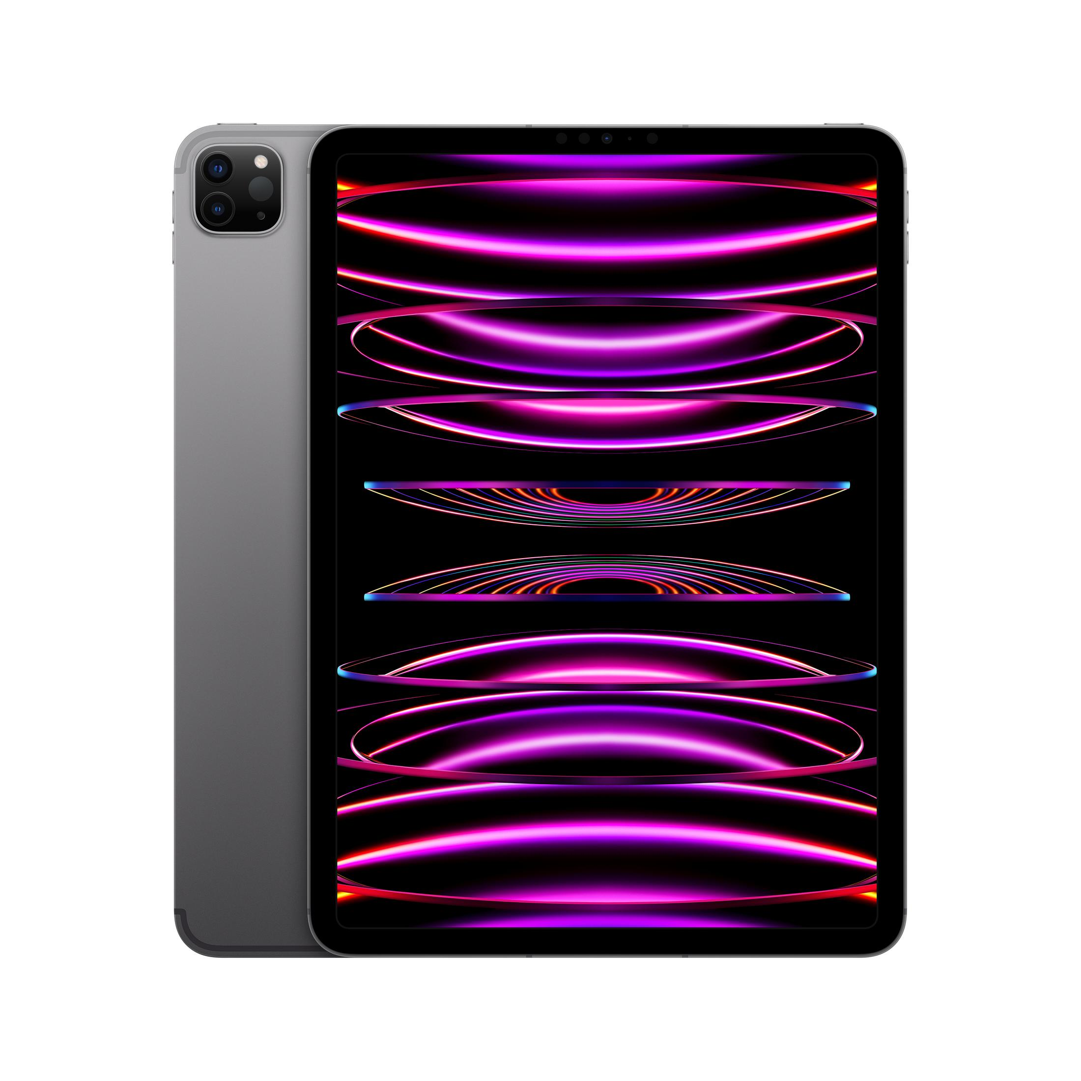 Een grijze tablet met roze scherm, op een witte achtergrond, van de zijkant bekeken.