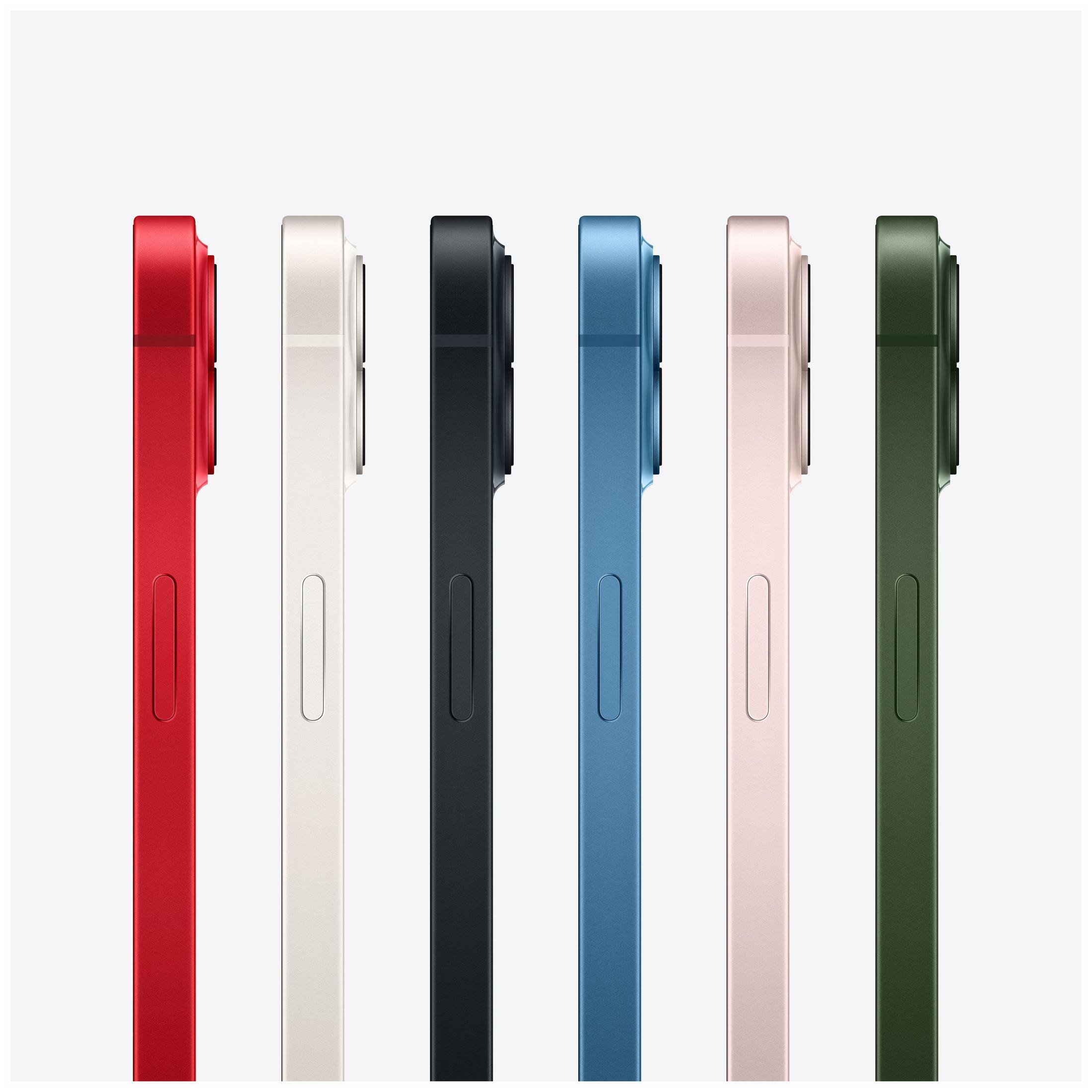Sześć iPhone'ów 13 w rzędzie, w różnych kolorach. Pokazane kolory to czerwony, biały, czarny, niebieski, różowy i zielony.
