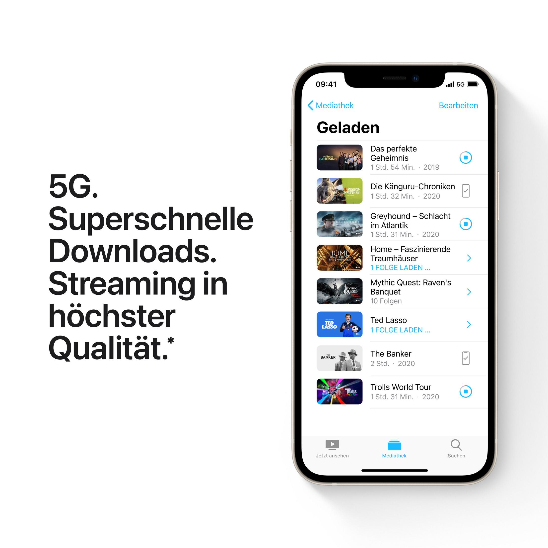 Smartfon z interfejsem aplikacji streamingowej. Tekst: 5G, superszybkie pobieranie, Streaming w najwyższej jakości.