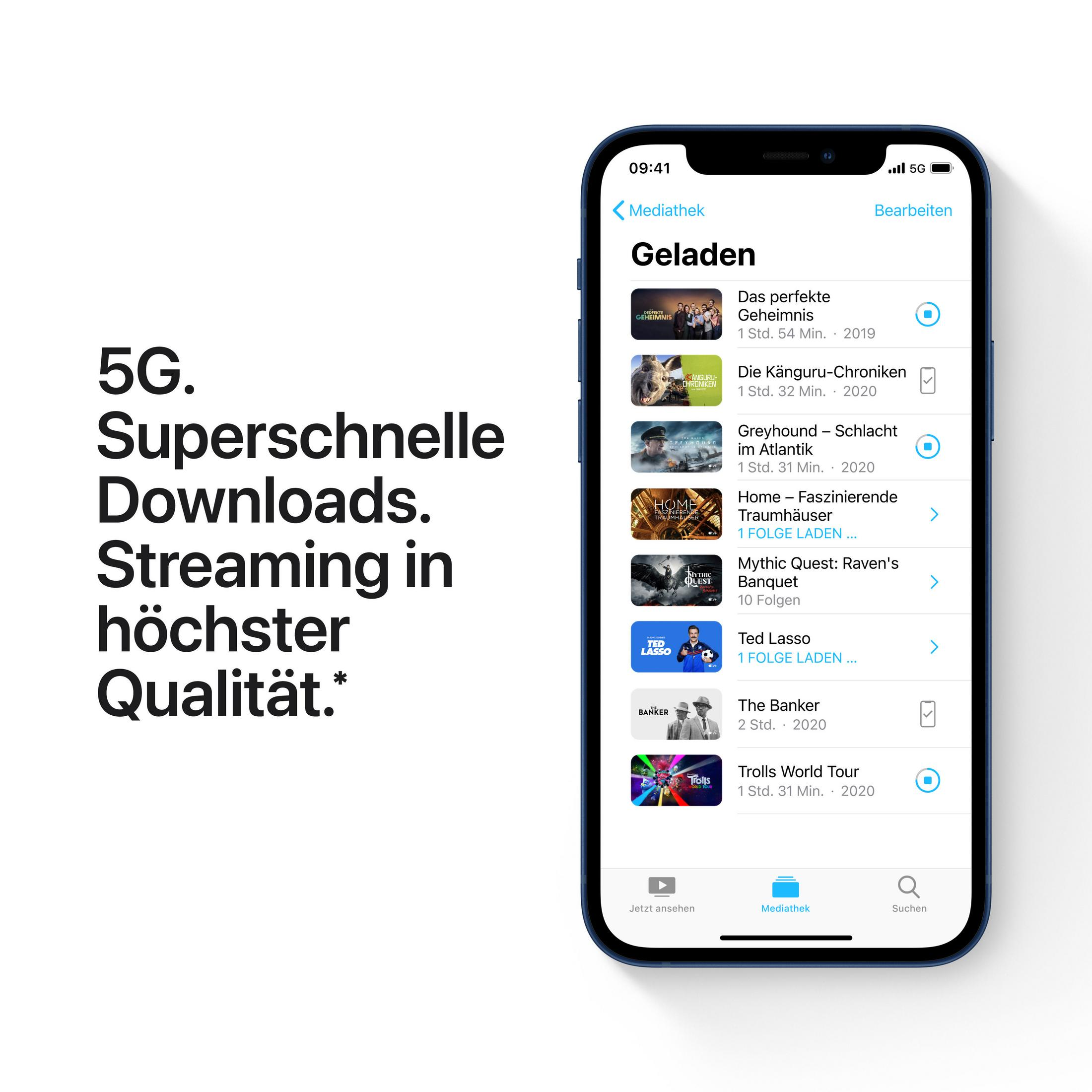 Smartfon wyświetlający aplikację multimedialną z pobraną zawartością, z tekstem o pobieraniu i streamingu 5G.