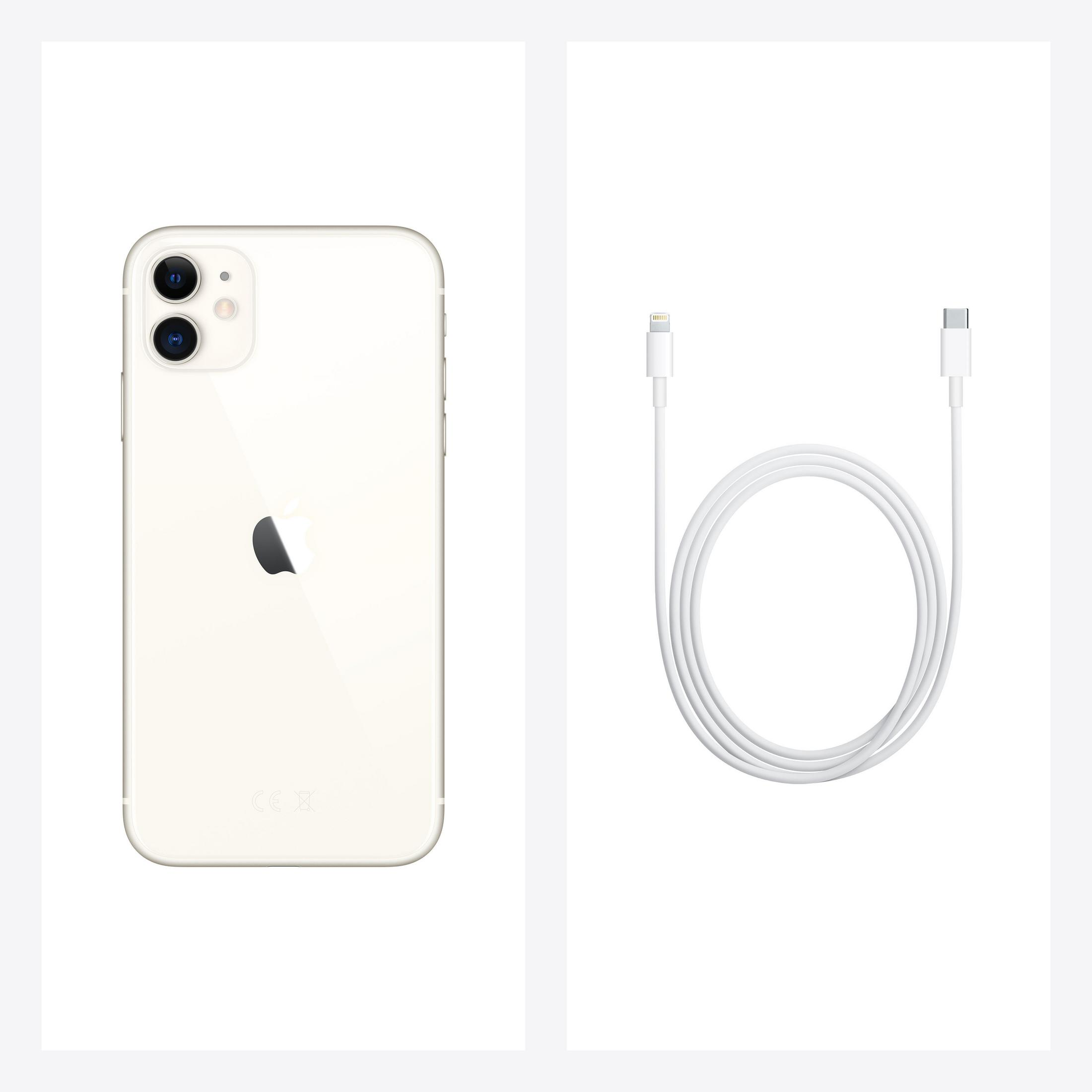 Biały iPhone 11 i biały kabel ładujący na białym tle.