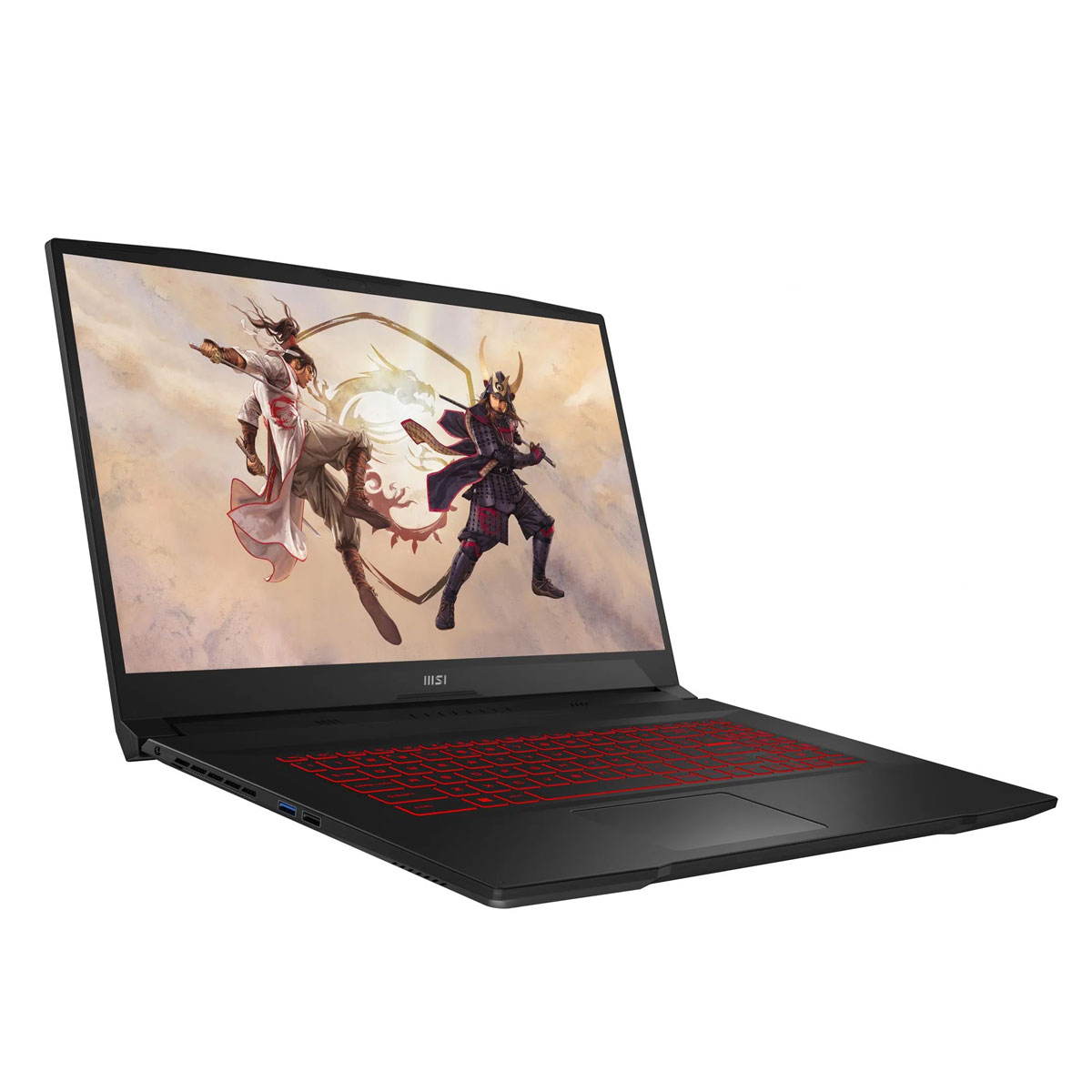 Czarny laptop z obrazem dwóch wojowników. Czerwona klawiatura i ramka. Białe tło.