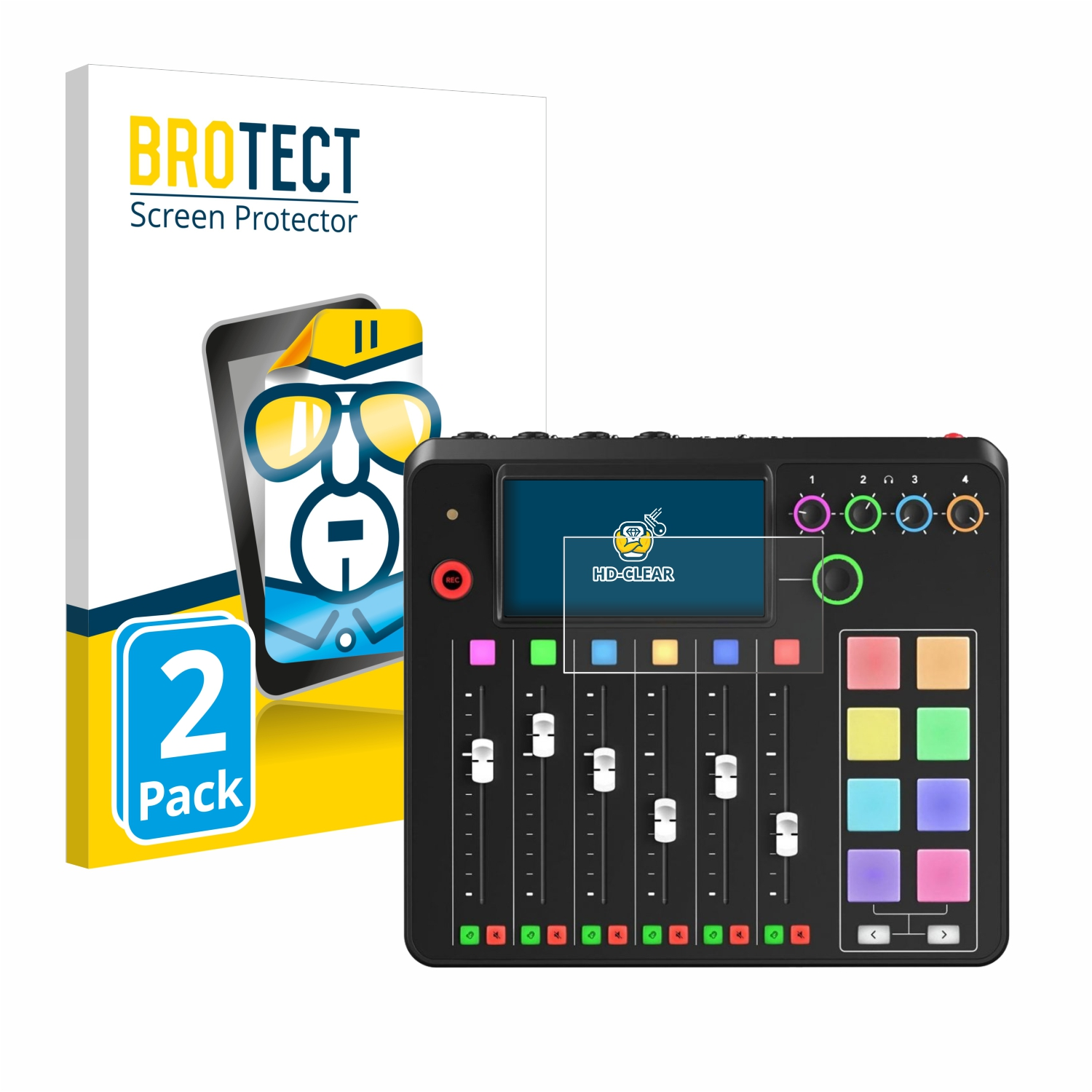 Ein Audiomixer und eine Displayschutzfolienbox. Der Mixer hat Schieberegler und Knöpfe. Box sagt "HD-CLEAR".