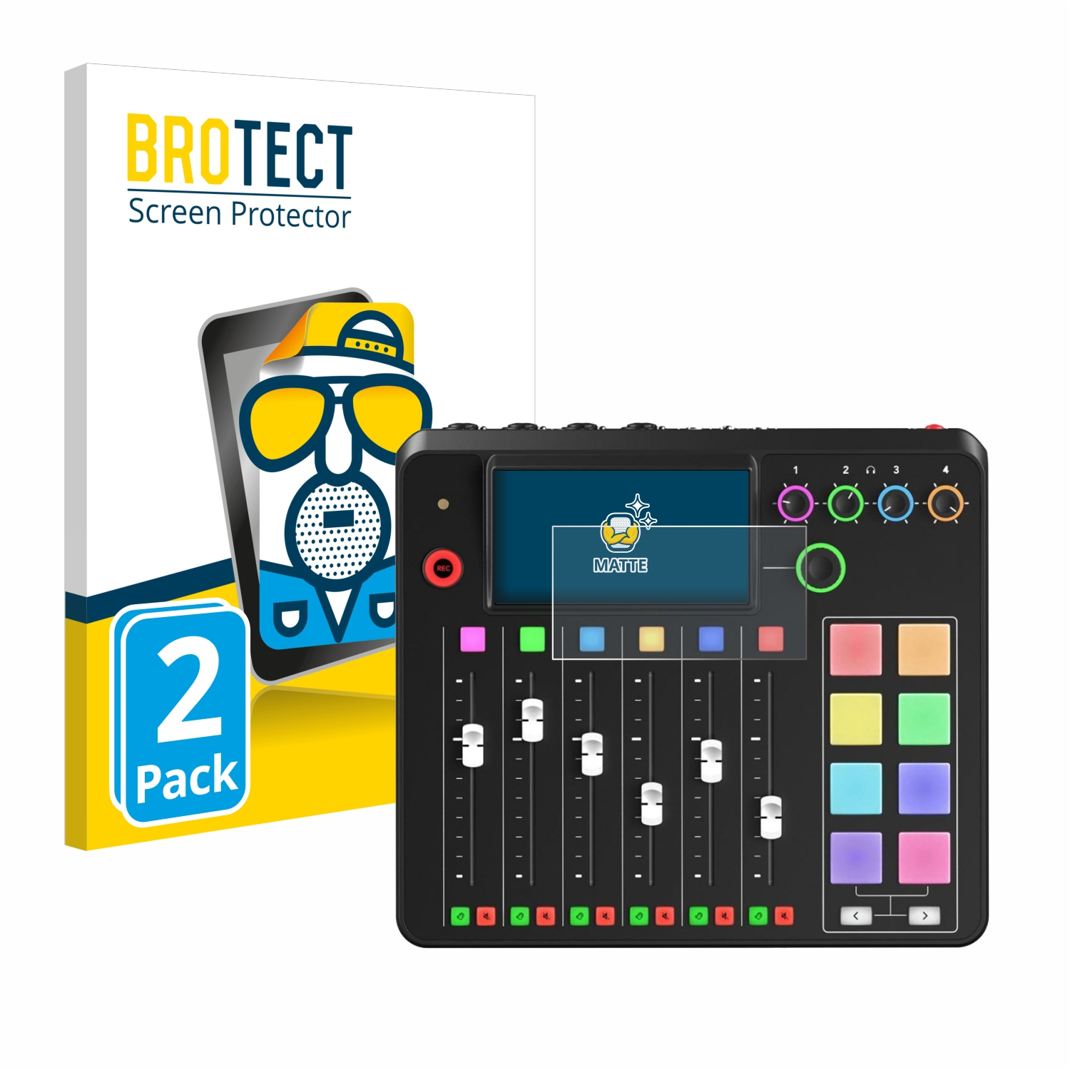 Audiomischpult mit Displayschutzfolienverpackung. Die Verpackung sagt '2er-Pack'.