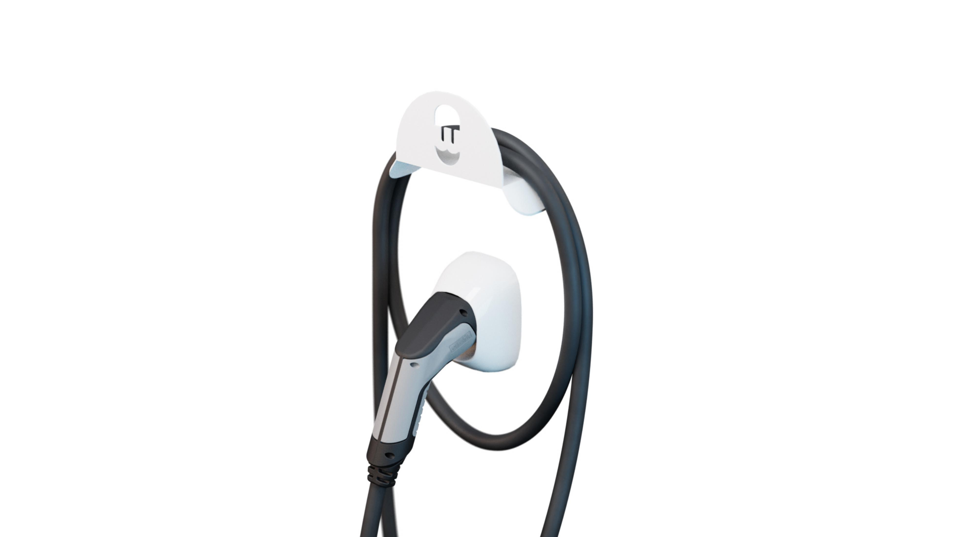 Eine weiße Ladestation für ein Elektroauto, mit einem schwarzen Kabel und Ladegerät.
