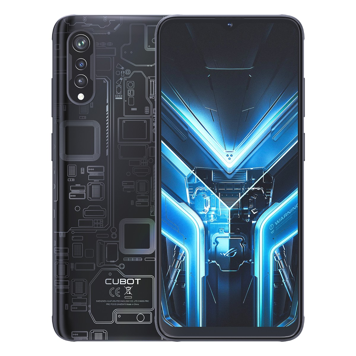 Ein schwarzes Smartphone mit detailliertem Leiterplattenmuster auf der Rückseite.