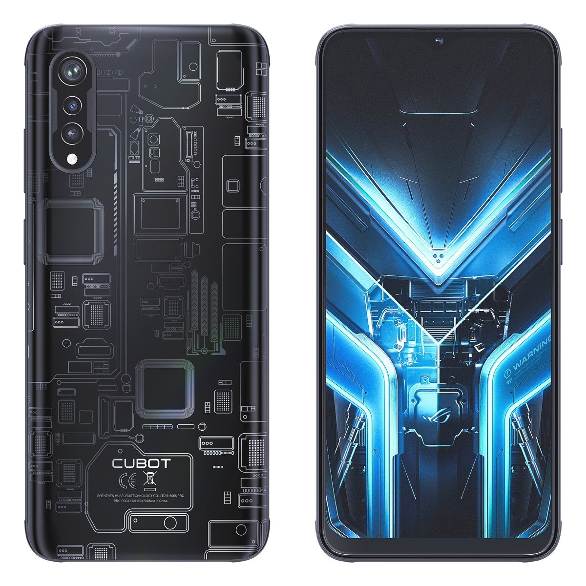 Zwei Smartphones: eines schwarz, eines mit blauer Oberfläche. Beide haben detaillierte Leiterplattendesigns.