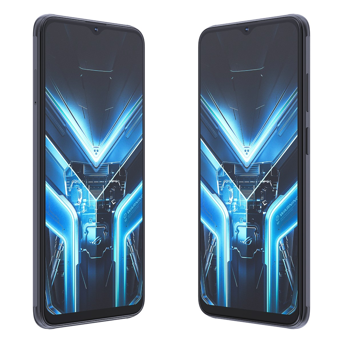 Zwei schwarze Telefone, Bildschirme mit blauen Grafiken auf weißem Hintergrund.