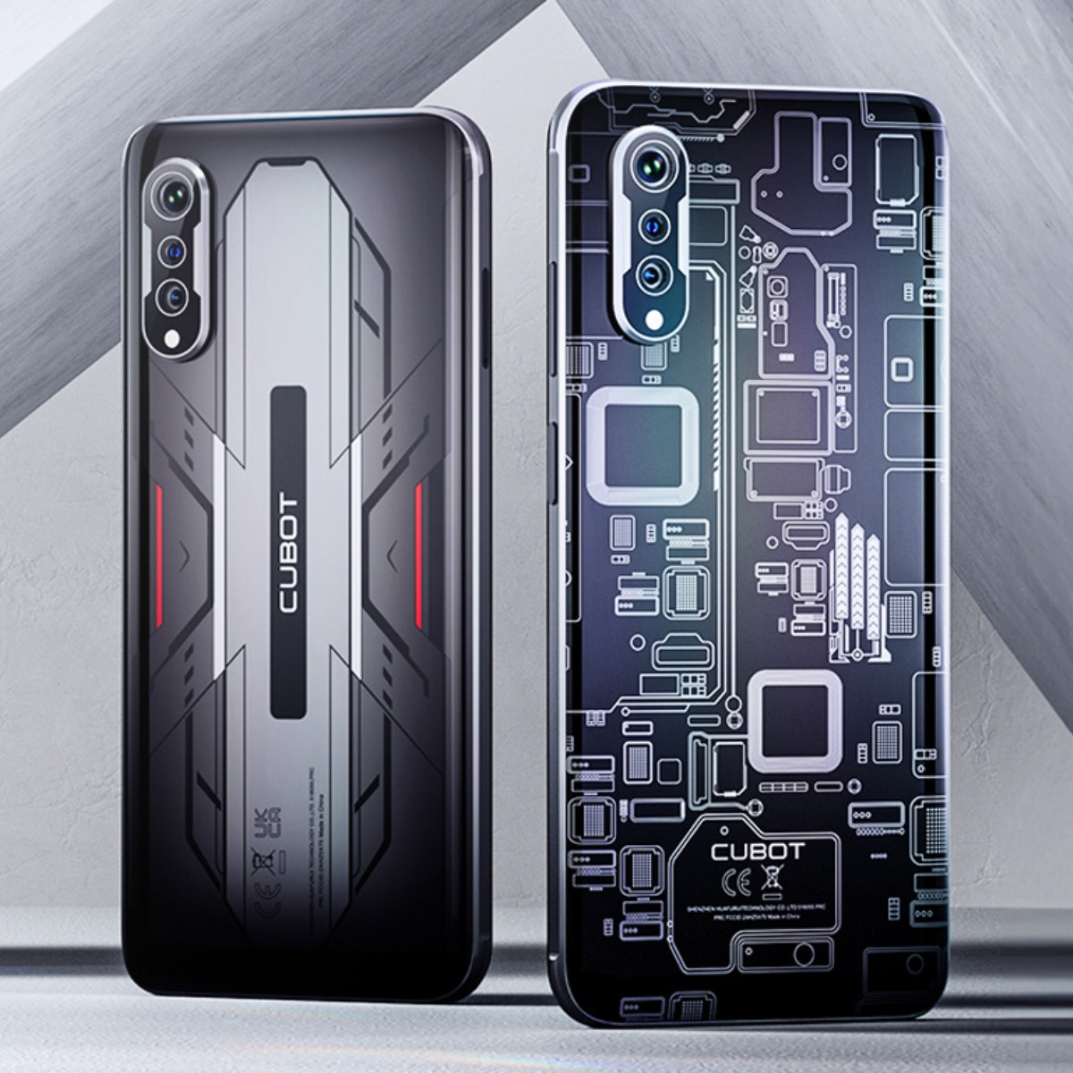 Dwa czarne smartfony, jeden z wzorem płytki drukowanej na plecach.