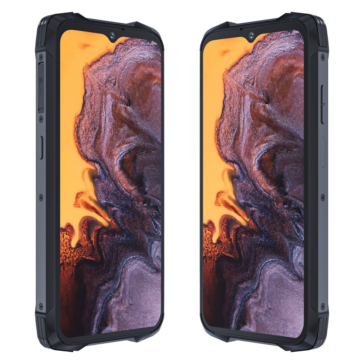 Dwa czarne, wytrzymałe smartfony z pomarańczowym wzorem na ekranach.