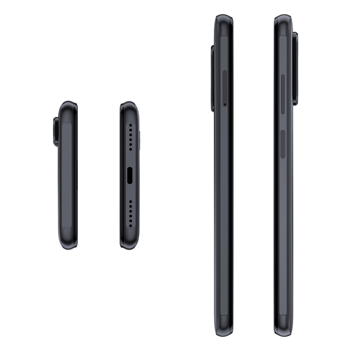 Cztery widoki z boku ciemnego telefonu, pokazujące krawędzie i przyciski.