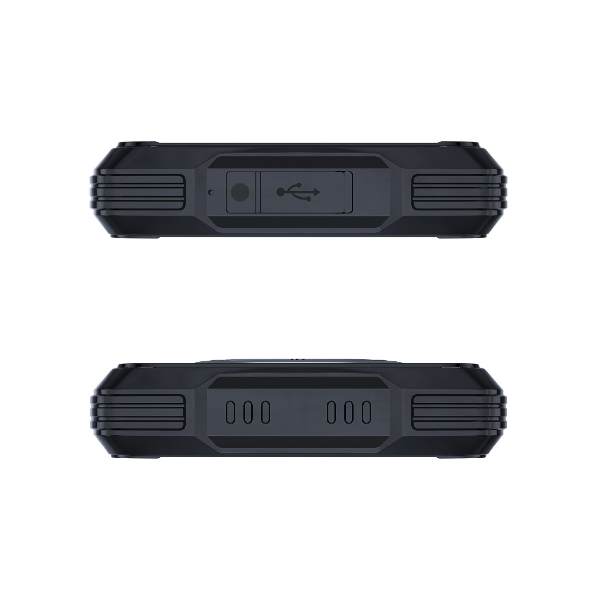 Dwa widoki czarnego, wytrzymałego telefonu: góra z USB, dół z głośnikami i portem ładowania.