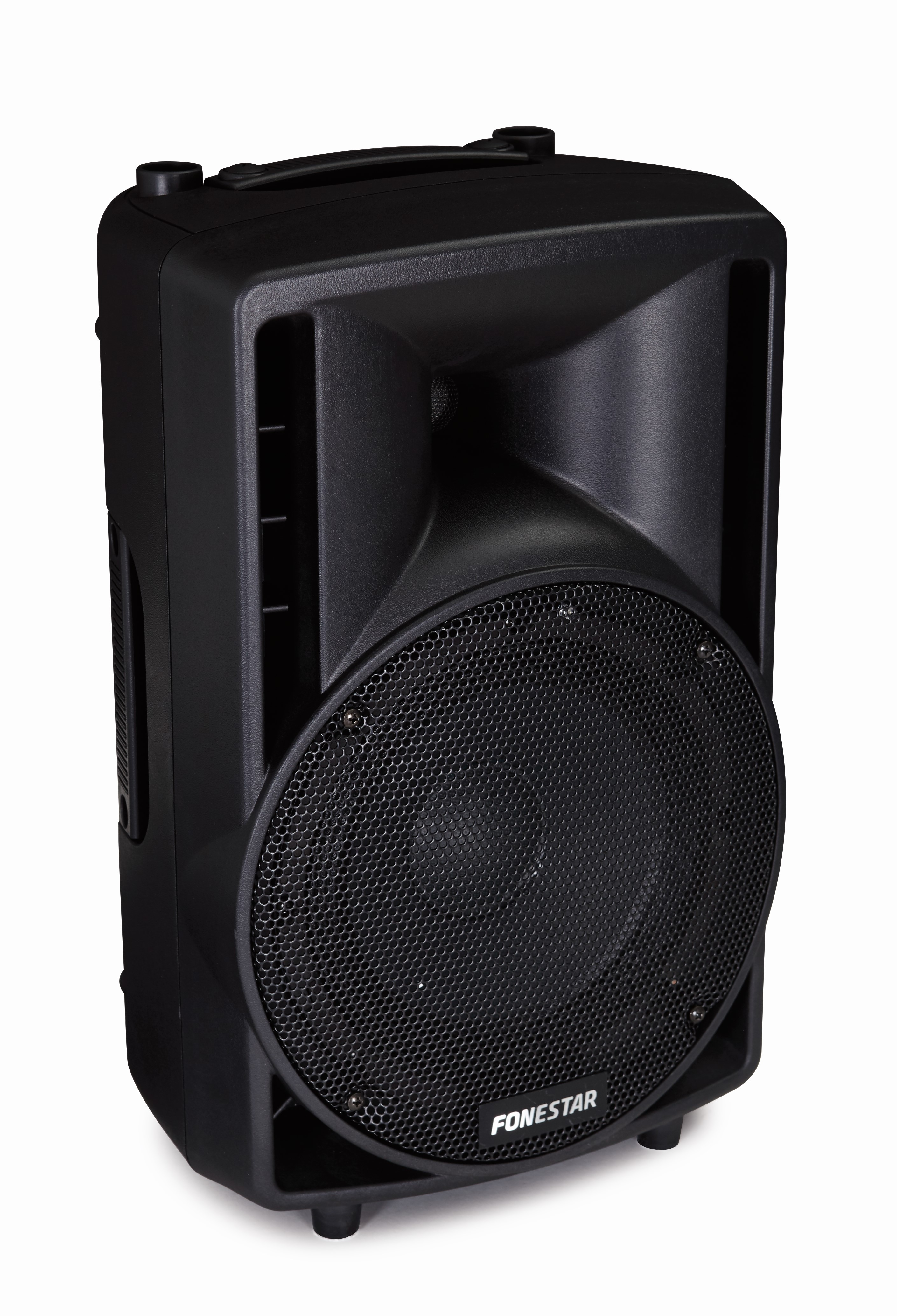 Czarny głośnik z siatkowym przodem. FONESTAR wydrukowane na dole.
