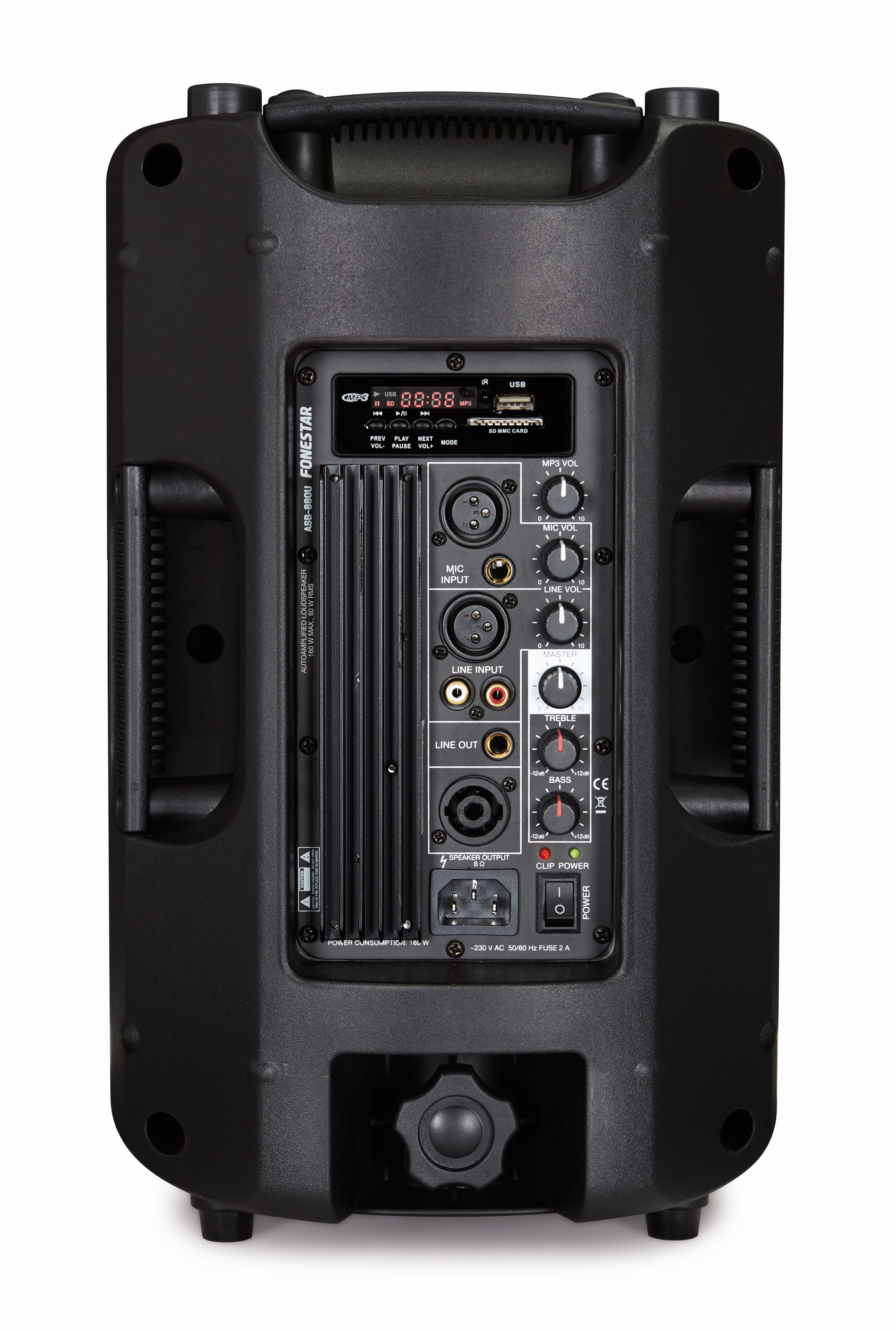 Tylny panel czarnego głośnika z pokrętłami, portami wejściowymi i włącznikiem zasilania.