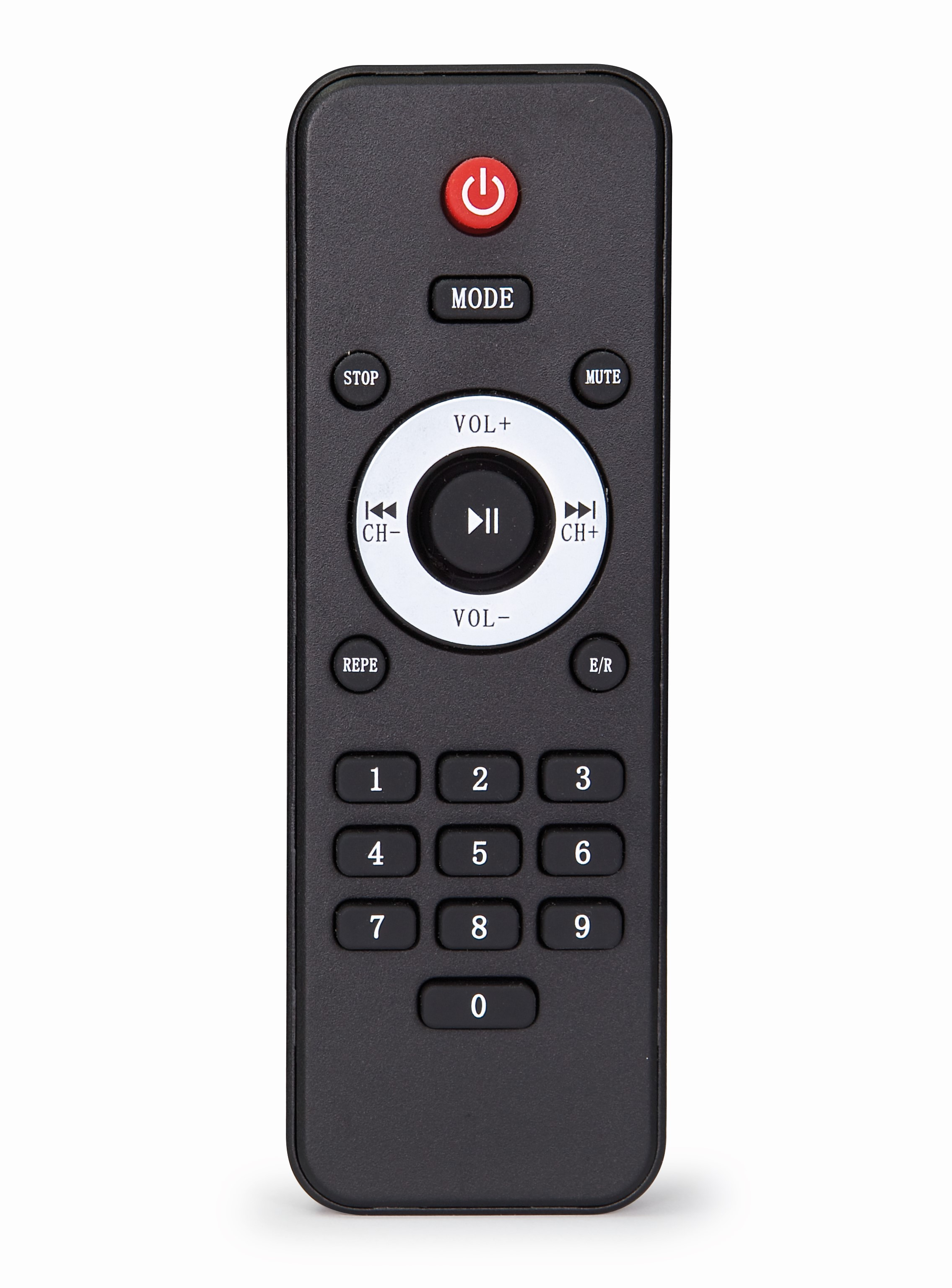 Czarny pilot z różnymi przyciskami, w tym zasilaniem, trybem, głośnością i sterowaniem kanałami.
