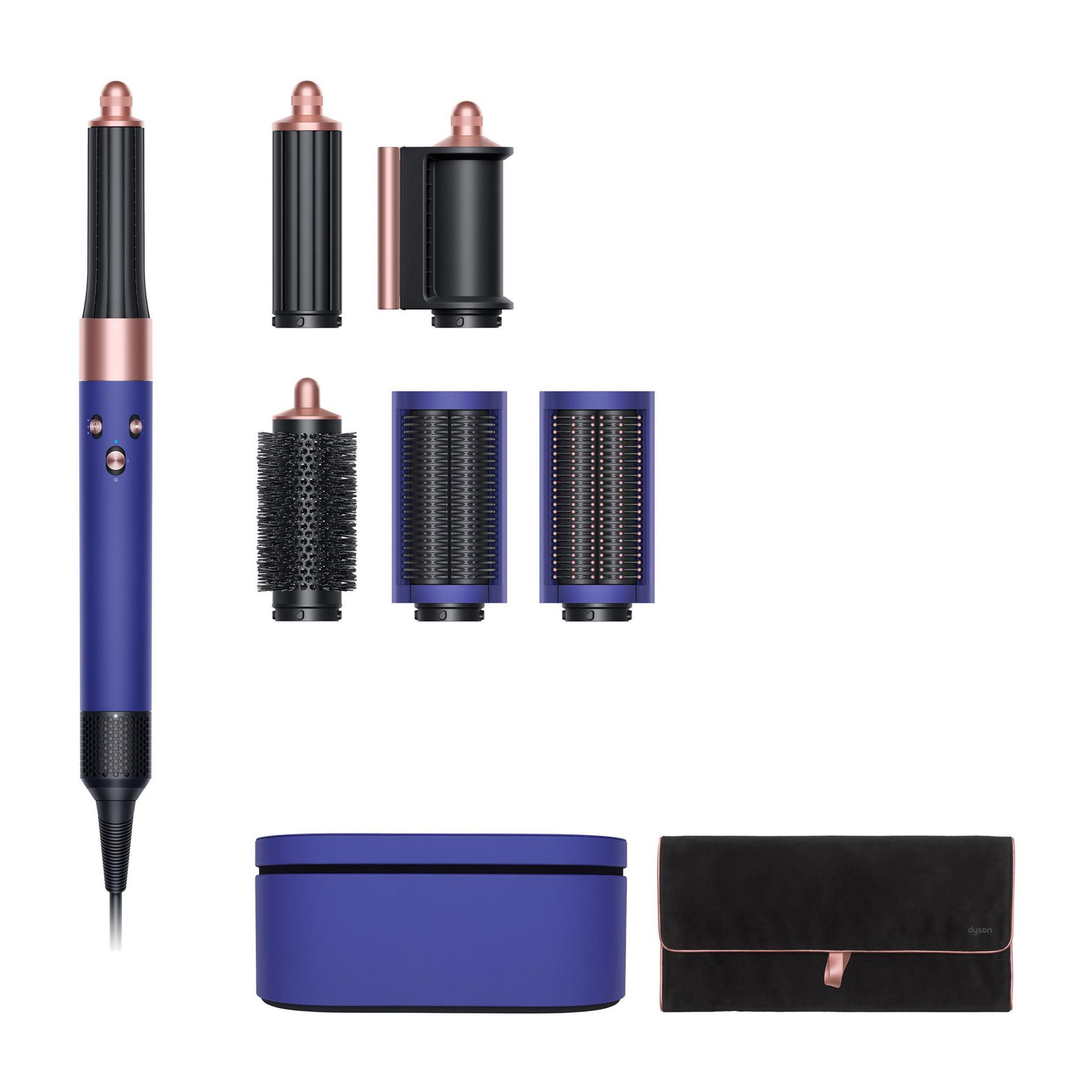 Haarstyling-Set mit mehreren Aufsätzen. Blau, Schwarz und Roségold. Weißer Hintergrund.