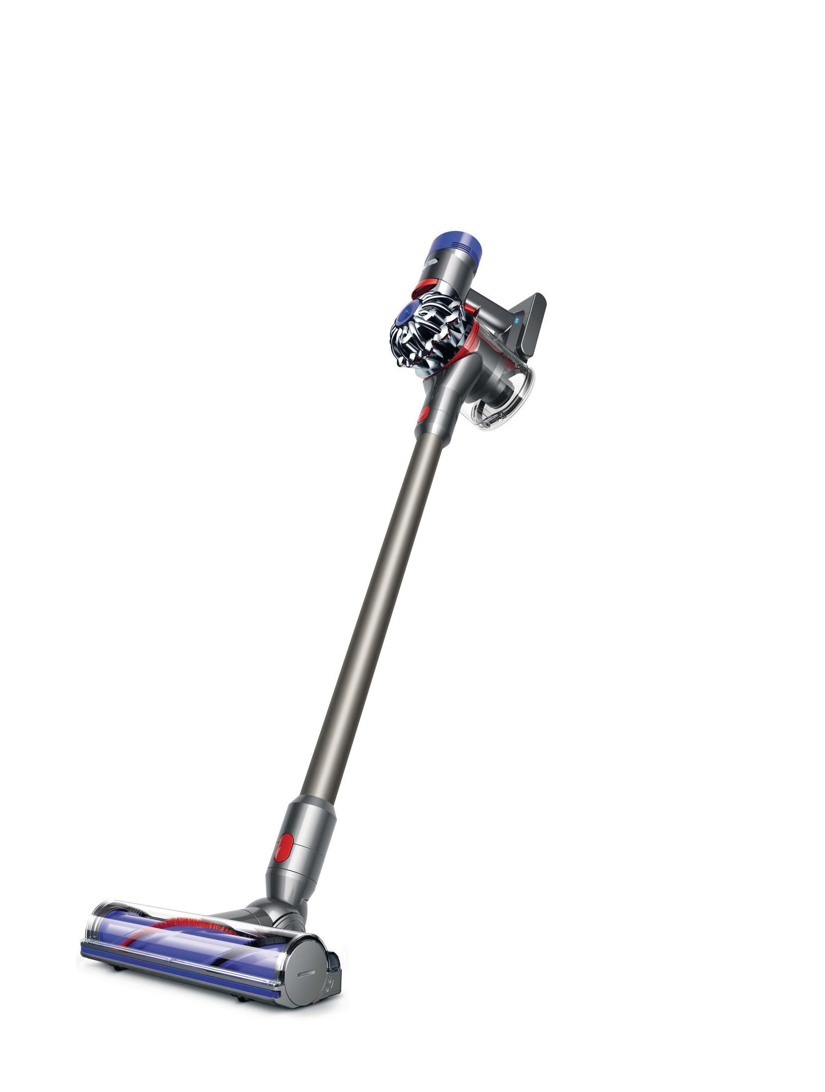 Ein kabelloser Dyson Staubsauger auf weißem Hintergrund, der seine Komponenten und sein Design zeigt.