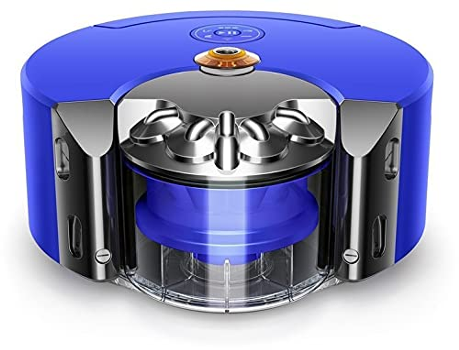 Blauer Dyson Roboter-Staubsauger. Draufsicht, mit sichtbaren internen Komponenten.